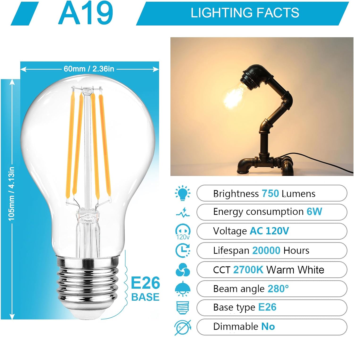 Ascher 60 Watt Equivalent, E26 LED Filament Light Bulbs, Warm White 2700K, Non-Dimmable, Classic Clear Glass, A19 LED Light Bulb with 80 CRI, Pack of 6 - Image 2