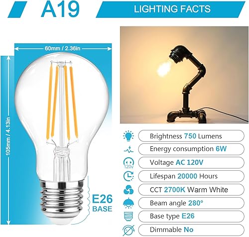 Miniatura 2 de Ascher - Bombillas de filamento LED E26, equivalentes a 60 W, luz blanca cálida de 2,700 K, no regulables, vidrio transparente clásico, bombillas