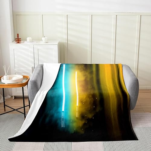 Manta de franela retro azul neón naranja tamaño individual de 60 x 80 pulgadas, cálida y ligera, con sable láser de acuarela para niños, manta de