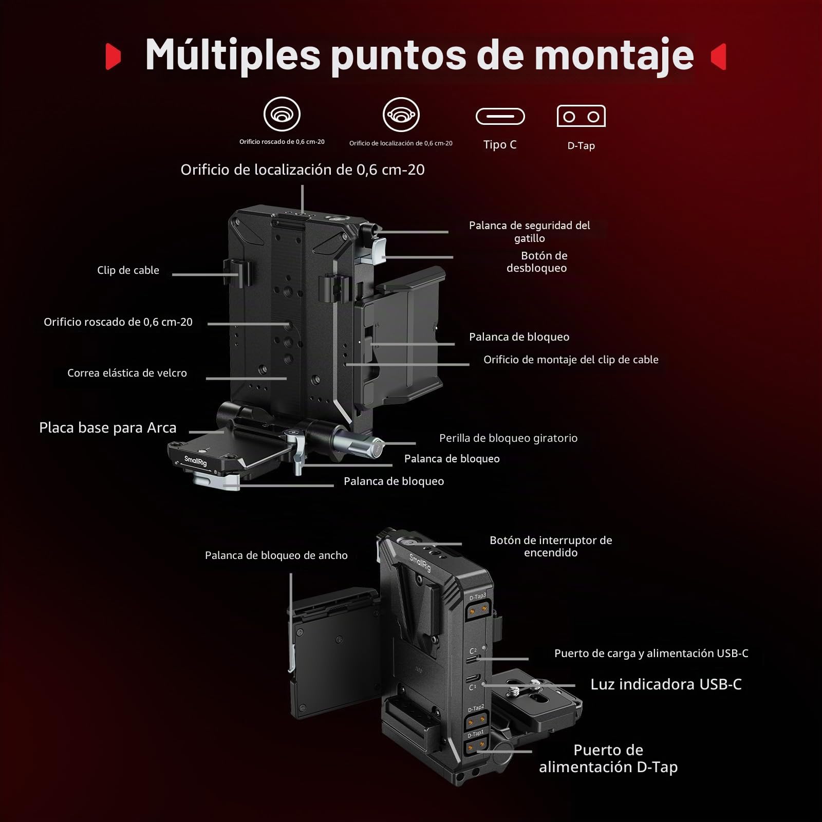 SMALLRIG Kit de Placa de Batería V-Mount Mejorada, con Placa QR para Arca, Protector de Pantalla, Clips para Cables, D-Tap/USB-C, para Cámaras Mirrorless/DSLR y Baterías NEEWER - 5227