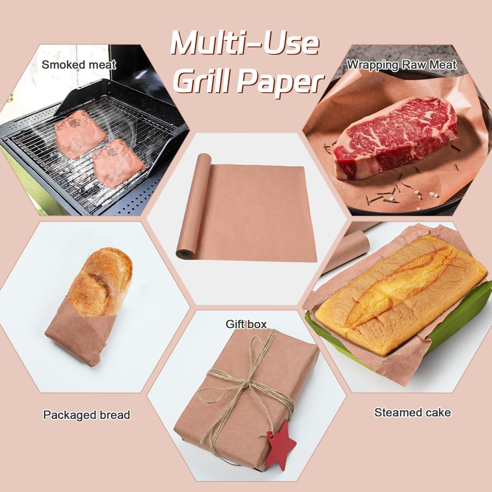Pink Butcher Paper BBQ 40cm x 30m, Rotolo di Carta da Macellaio, Carta Kraft per Barbecue Rotol per Barbecue, Affumicatore, Carne di Pesce, Perfetta per Cucinare Succoso