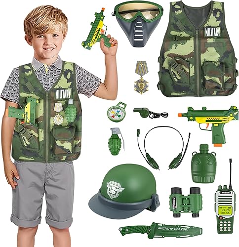 KalaDuck Juguetes del ejército para niños, disfraz del ejército con casco y accesorios de juguetes militares, juego de rol para Halloween, disfraz