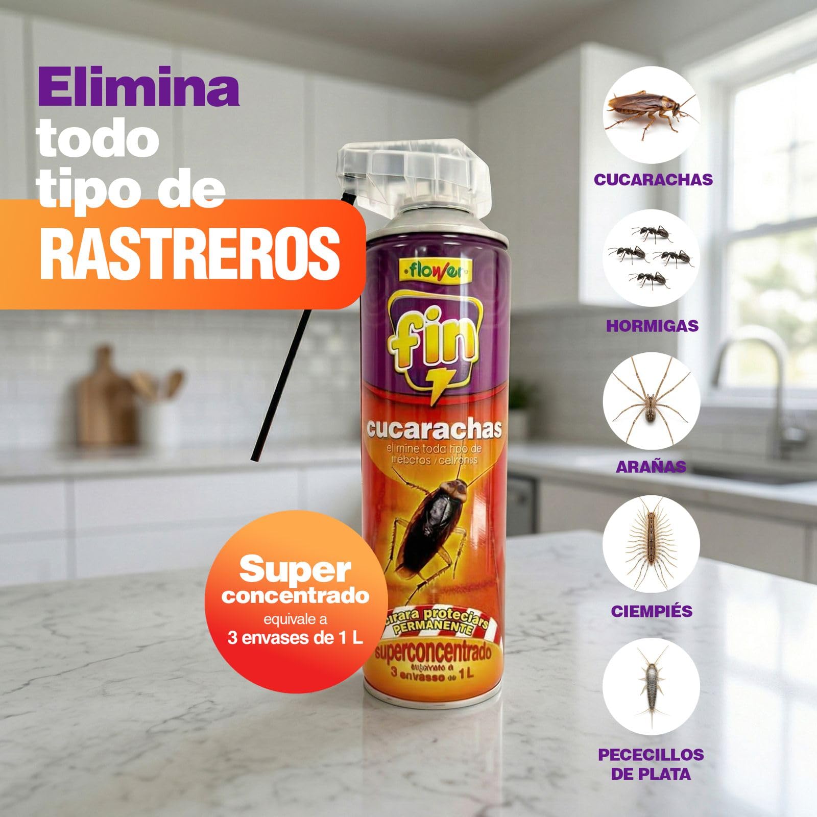 Flower x3 Insecticida Rastreros Spray Super Concentrado 650 ml | Aerosol Elimina Cucarachas, Hormigas e Insectos Interior y Exterior | Formula Potenciada | Canula para Grietas AntiCucarachas