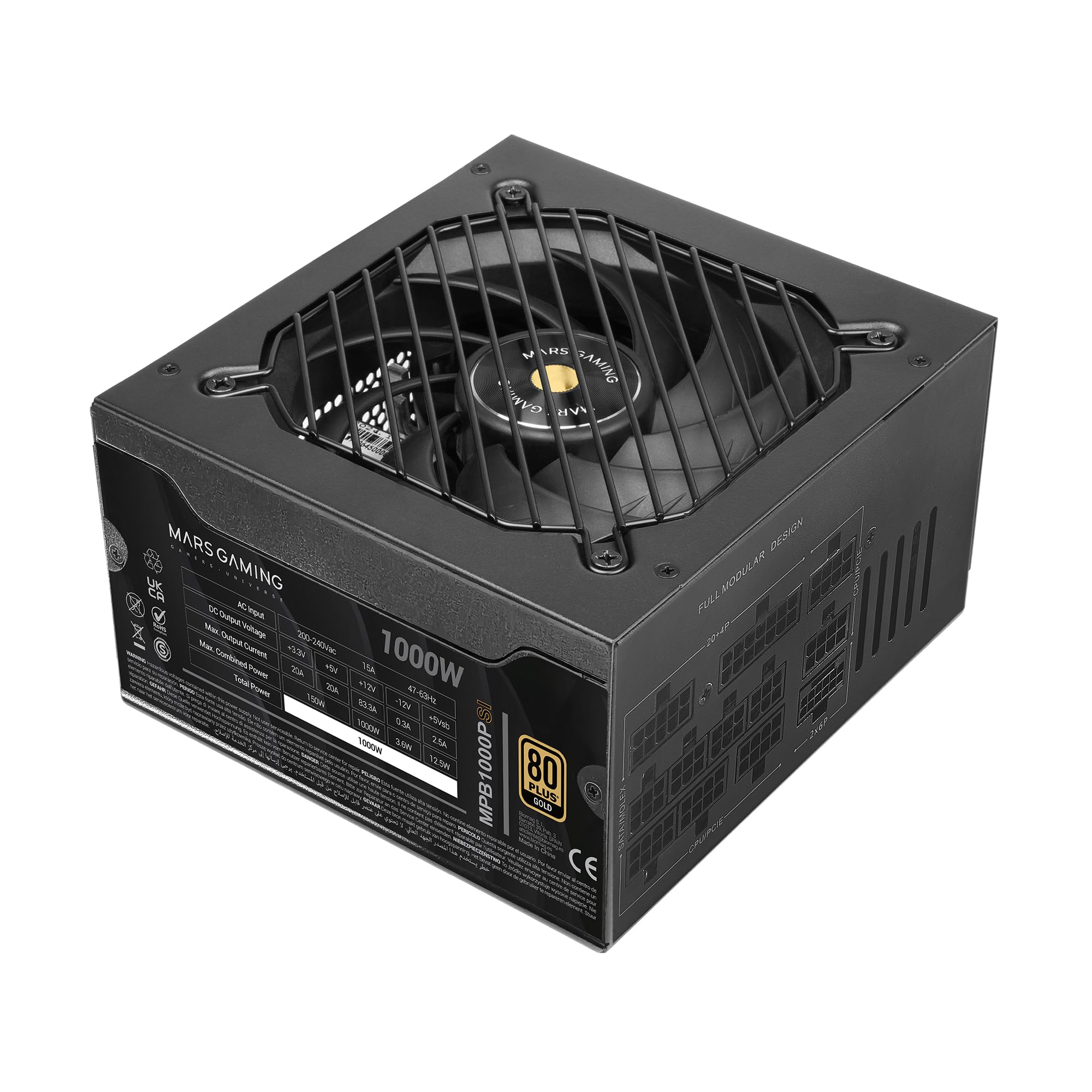 MARS GAMING MPB1000PSI, Vollmodulares ATX-Netzteil 1000W, 10 Jahre Garantie, 80Plus Gold 90%, SI-Lüfter 140mm, AI2-RPM, DC-DC und SMD Technologien, ATX 3.1 und PCIe 5.1 mit 12V 2x6 Anschluss, Schwarz