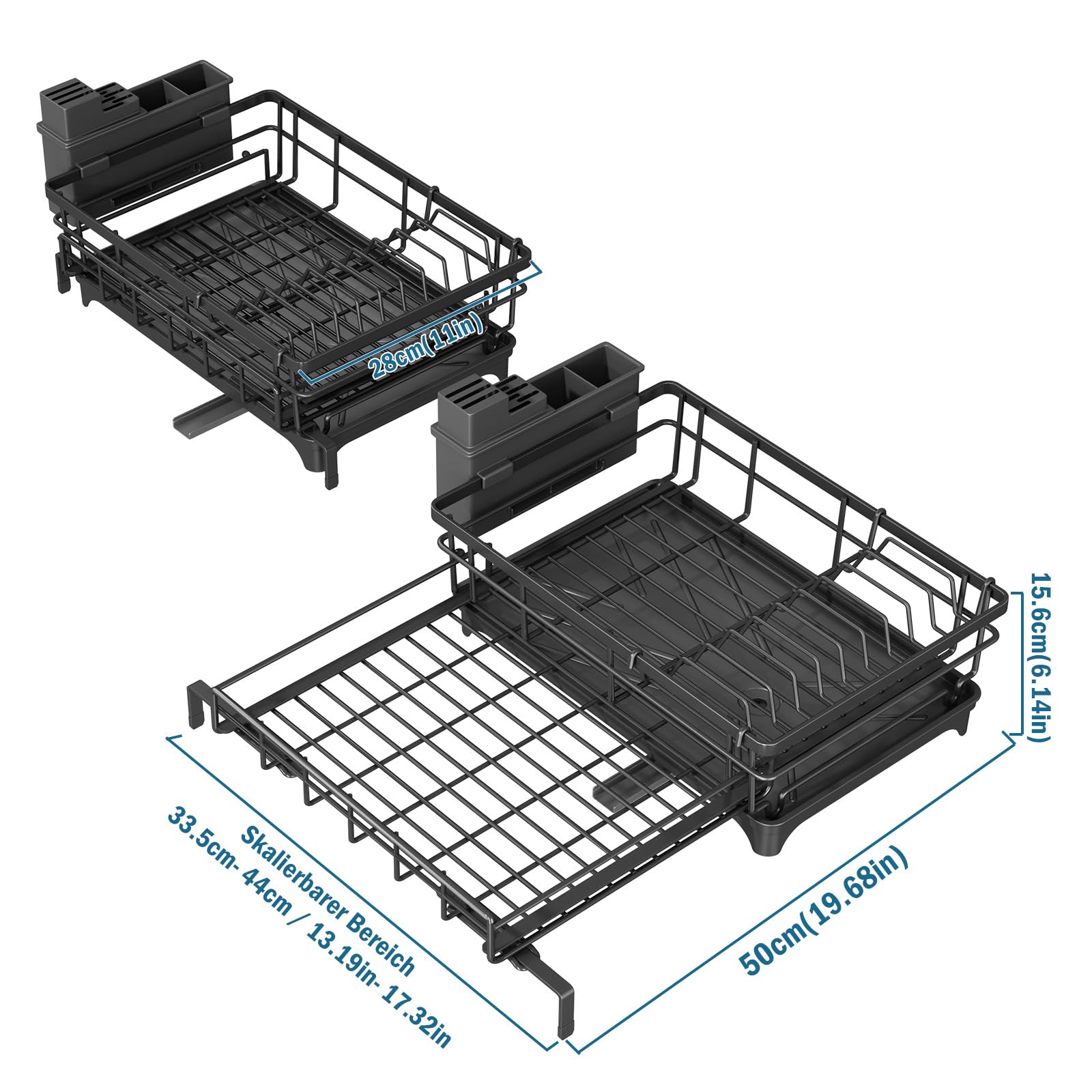 Egouttoir Vaisselle, Extensible Égouttoir à Vaisselle avec Porte-ustensiles, Économisez de l'espace Egoutoire Vaisselle Cuisine et Drainage Automatique, pour Cuisine, Noir
