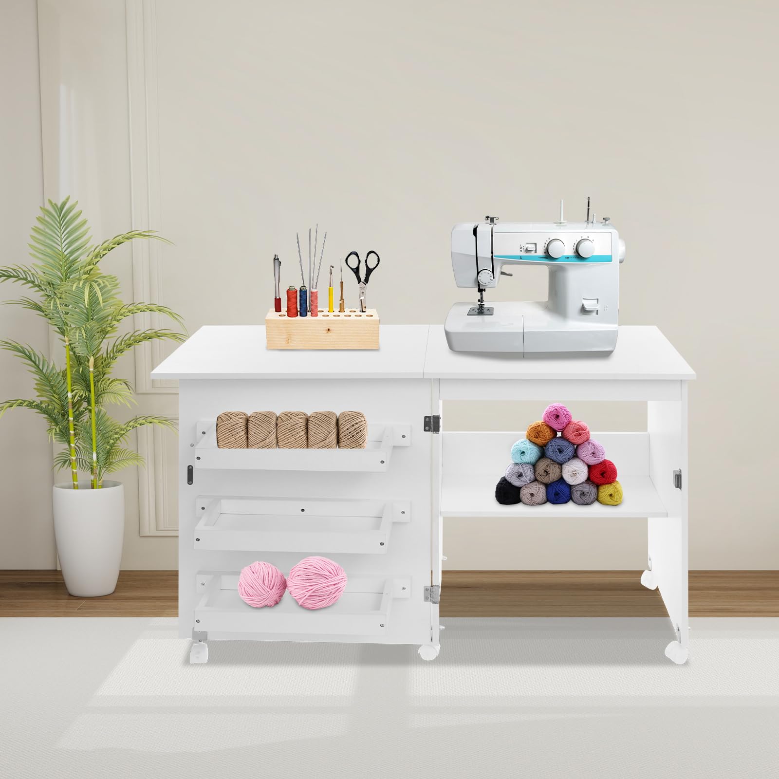 Mesa de coser plegable 2 en 1 | Mesa multiusos para máquina de coser con ruedas, estantes, compartimentos de almacenamiento, puertas magnéticas, mesa para máquina de coser, mesa multiusos para salón