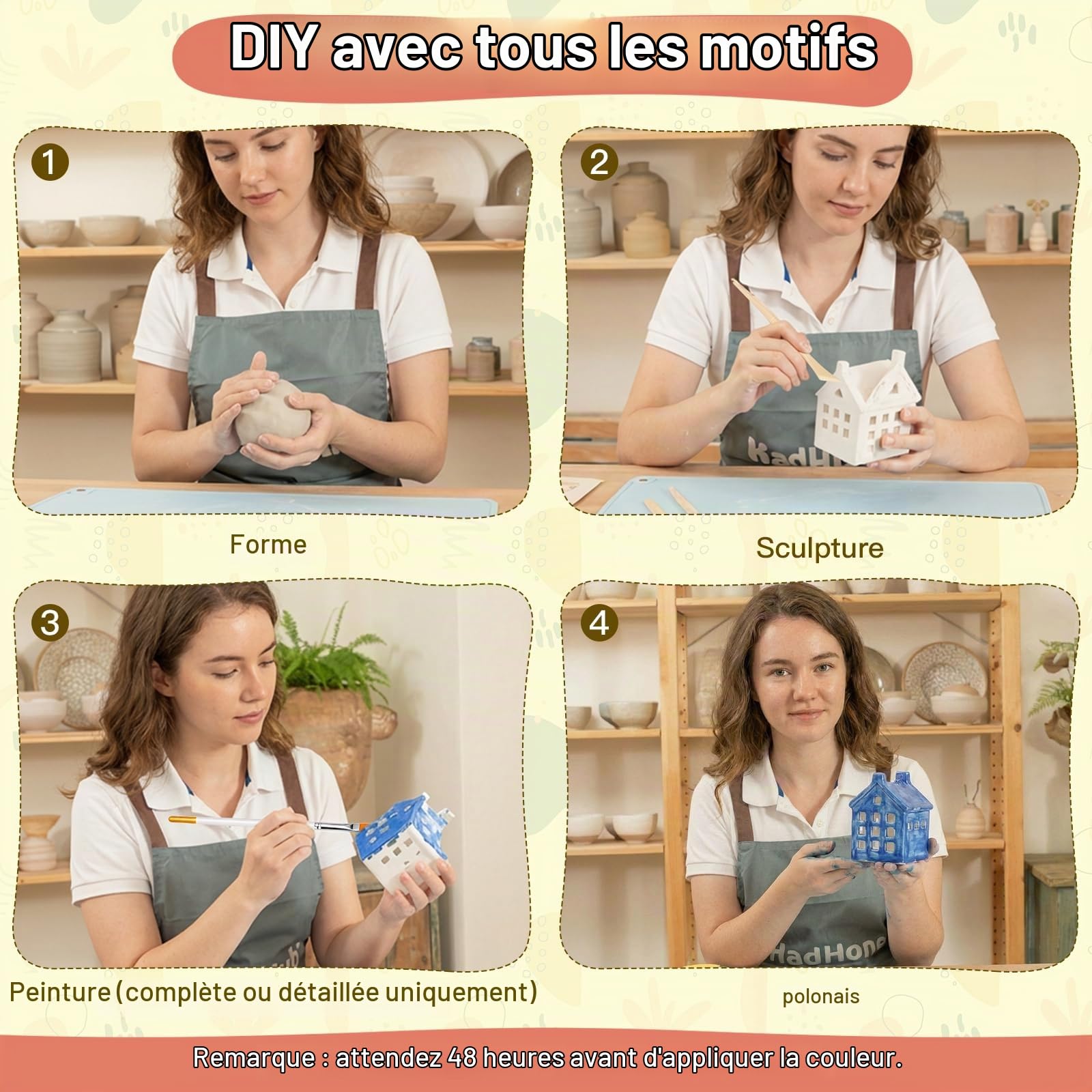 Kit Poterie 36pcs, Kit Argile Autodurcissante Prête à l'emploi, avec 2 kg d'argile, Outils, Peintures, Pinceaux, Enduit d'Étanchéité, ne brûle Pas, pour Les Projets Créatifs et Le Bricolage