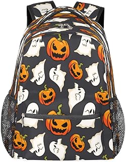 Mochilas para meninos e meninas Abóbora, laptop, mochila escolar com vários bolsos, mochila de caveira fantasma com alça de ombro ajustável para viagens, caminhadas, acampamento, Multi, Medium