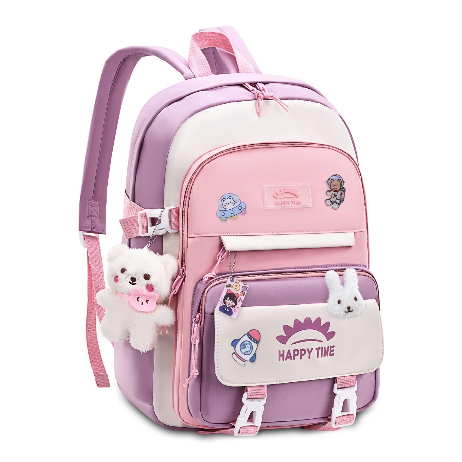 Tanou Mochilas Escolares Niña, 20 litros Mochila para Niñas con Colgante de 8 a 12 Años, Ligera e Impermeable Mochila Kawaii Escolar de Nailon para Niñas, Rosa
