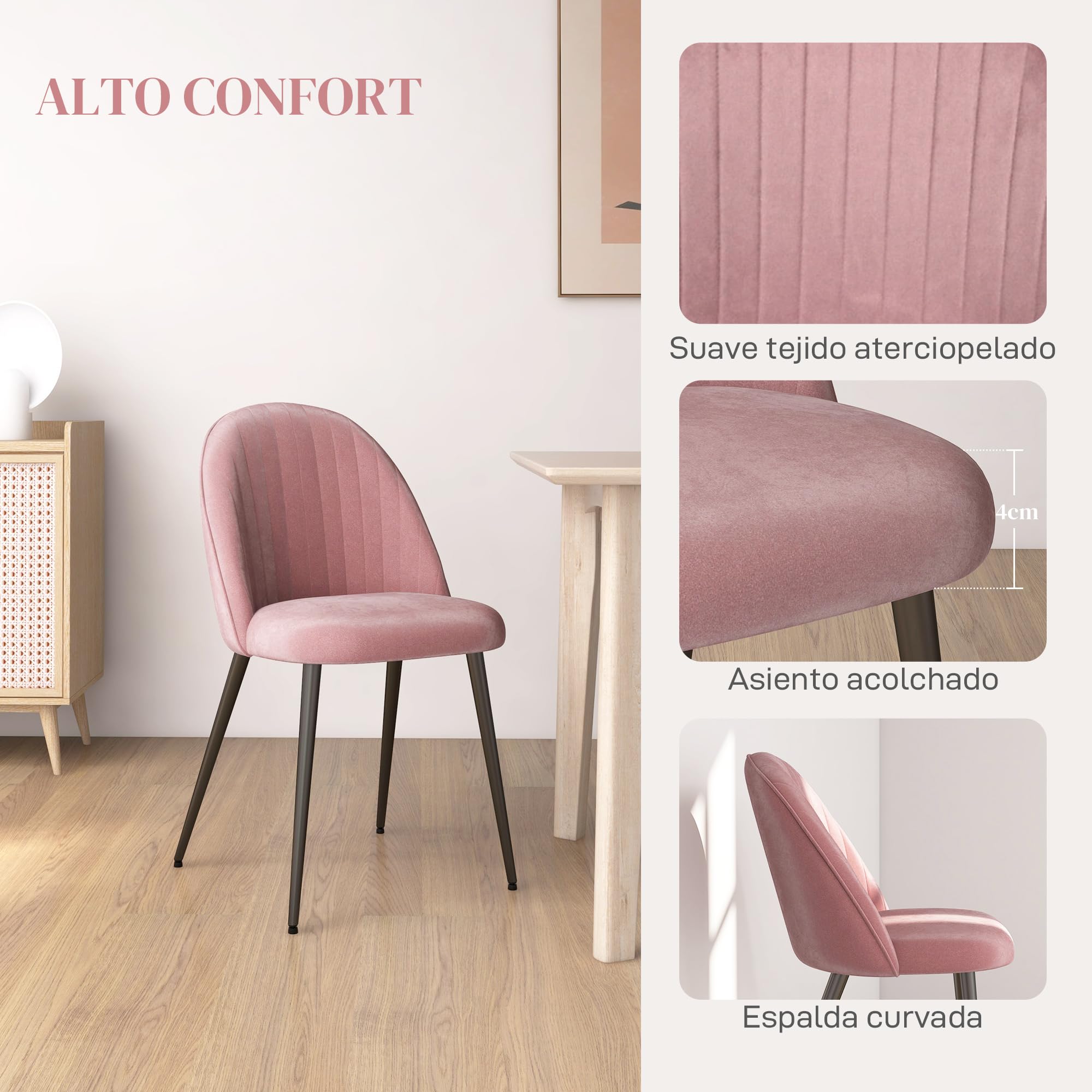 HOMCOM Pack de 4 Sillas de Comedor Modernas Sillas de Cocina Tapizada en Terciopelo con Respaldo Alto y Patas de Acero para Sala de Estar 50x52x83 cm Rosa Palo