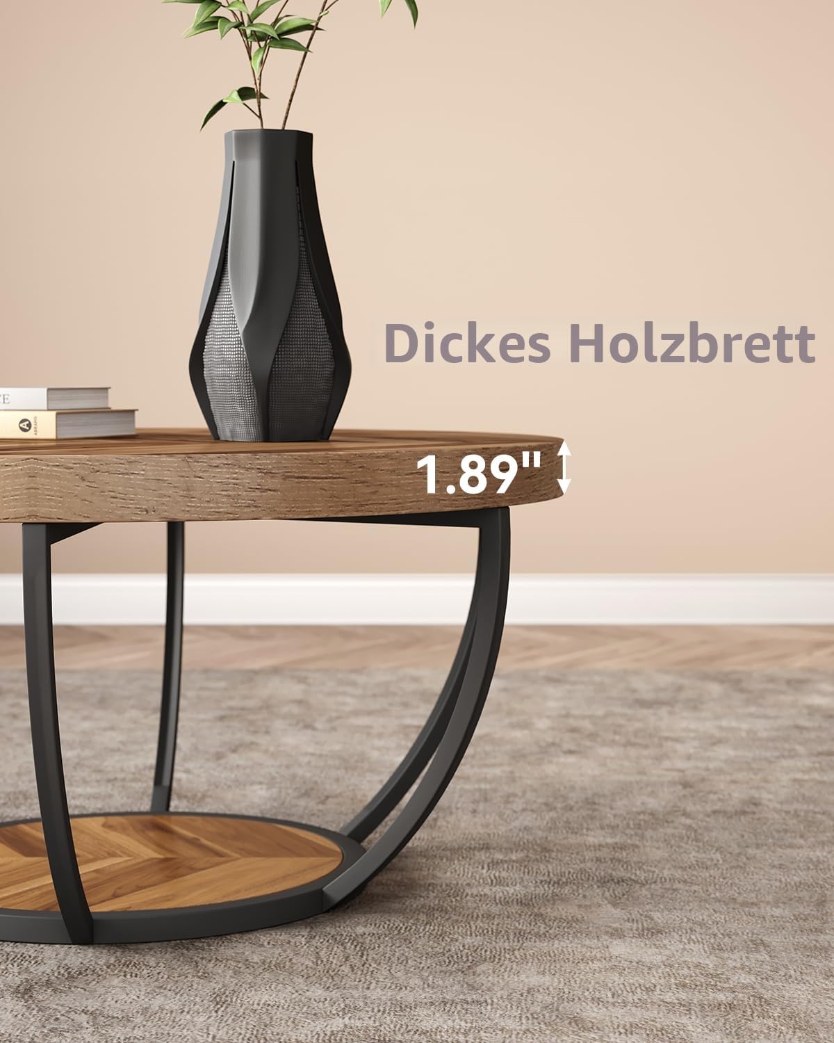 LITTLE TREE Runder Couchtisch, 81,3 cm, runder Couchtisch für Wohnzimmer, 2-stöckiger Holzakzent-Mitteltisch mit offenem Stauraum, Industrie-Design, Wohnmöbel (Holzmaserung und Schwarz)