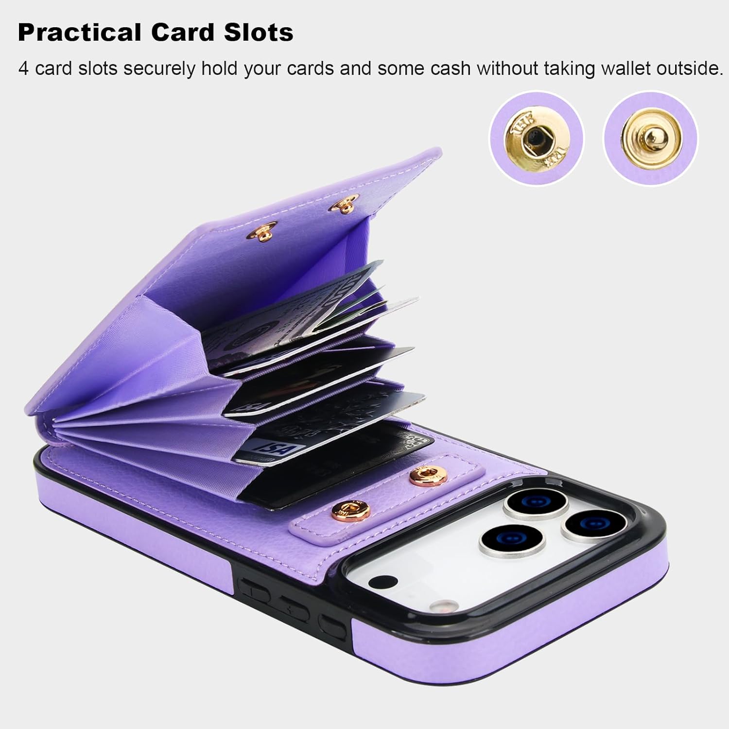 Folosu Compatible with iPhone 17 Pro Max Case Wallet with Card Holder, 360°Rotation Finger Ring Holder Kickstand, RFID Blocking Leather Protective Double Buttons Shockproof Cover 6.9 Inch Purple - Image 4