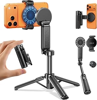 【Max 17"】 MRGLAS Magnetic Mini Tripod Selfie Stick for iPhone【4.5" Pocket】 | 【17" Max Extendable】4.5" Pocket Stand with Wireless Remote, Detachable Clamp, 360° Rotatable for MagSafe, 4-in-1 Mini Tripod
