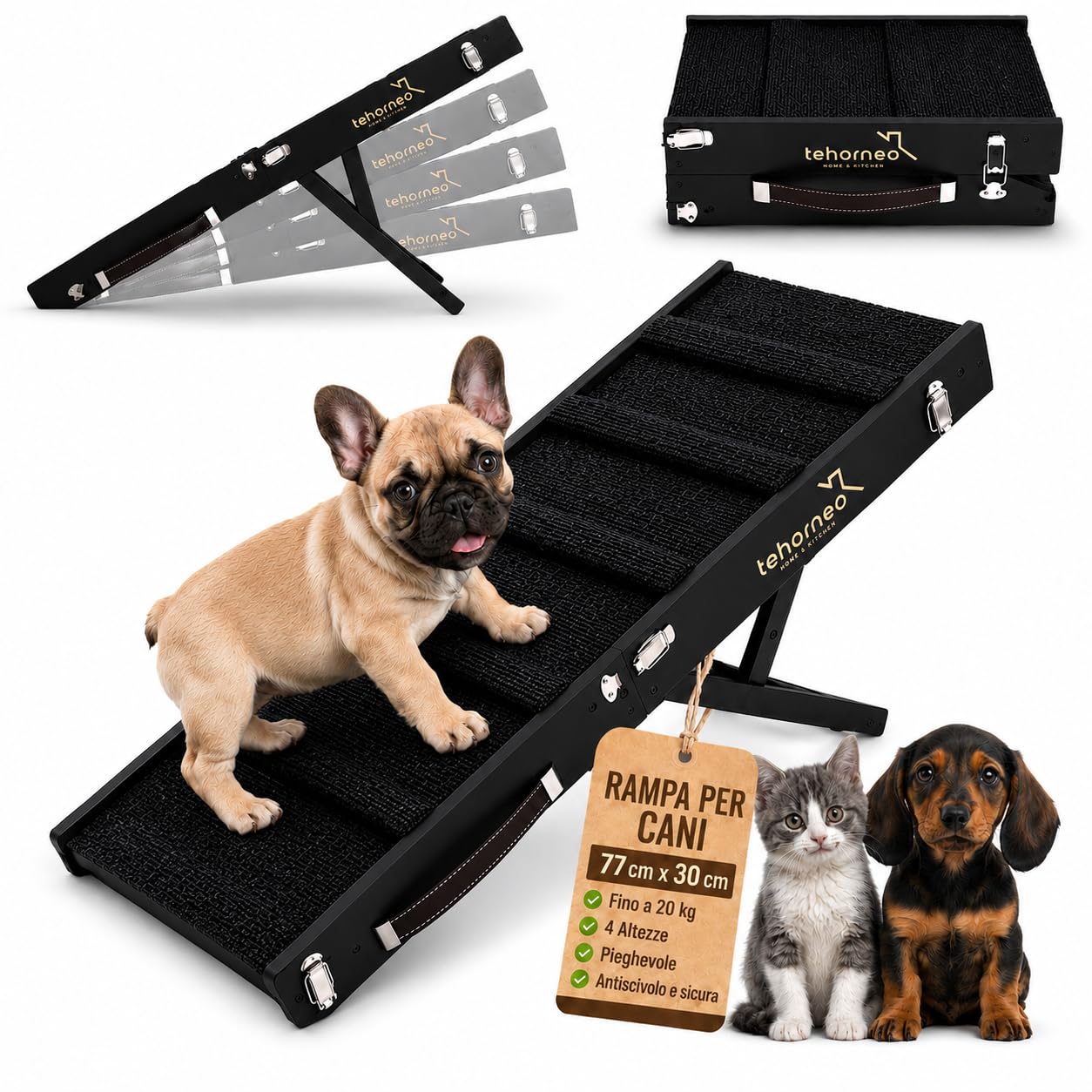 TEHORNEO Rampa per Cani, Scalette per Cane 4 Altezze da 25 cm a 41 cm, Scala per Cani Letto Portata Massima a 20 kg con Base Antiscivolo, Scaletta per Gatti, Scaletta Cani, Rampa per Cani Letto