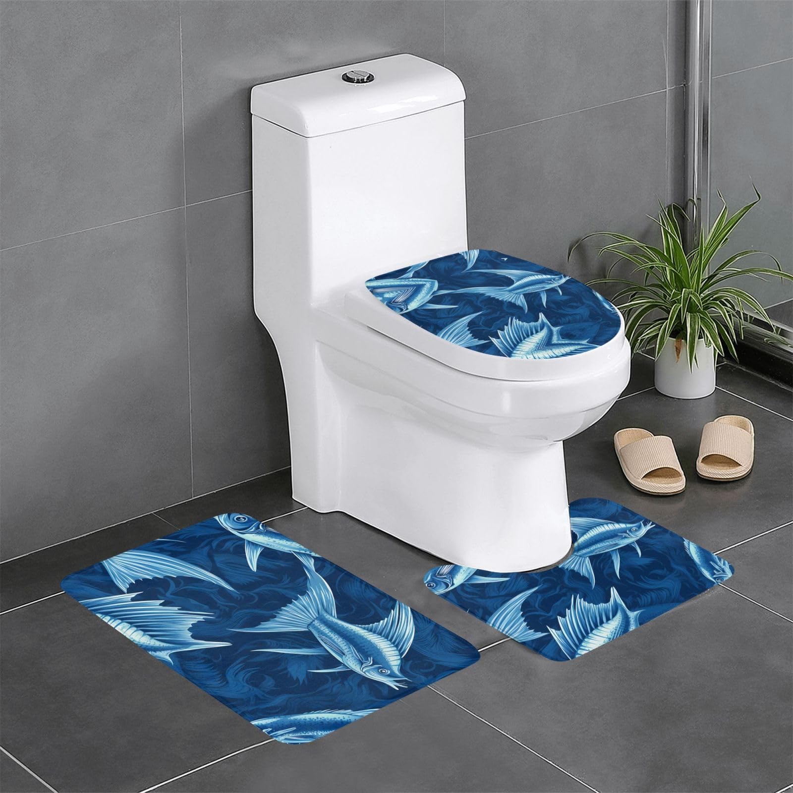Tapis de salle de bain antidérapants absorbants à motif marin bleu