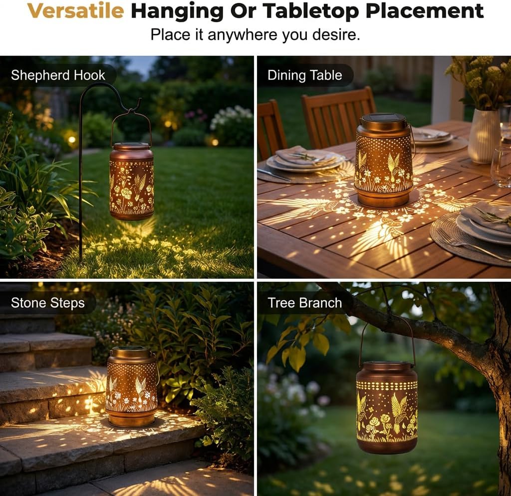 Hummingbird Sunflower Solar Lanterns Outdoor, 2026 New Solar Garden Lantern, Waterproof Outdoor Lantern for Decor, Decorative Glow in the Dark Solar Lanterns for Patio, Gifts for Women (3)