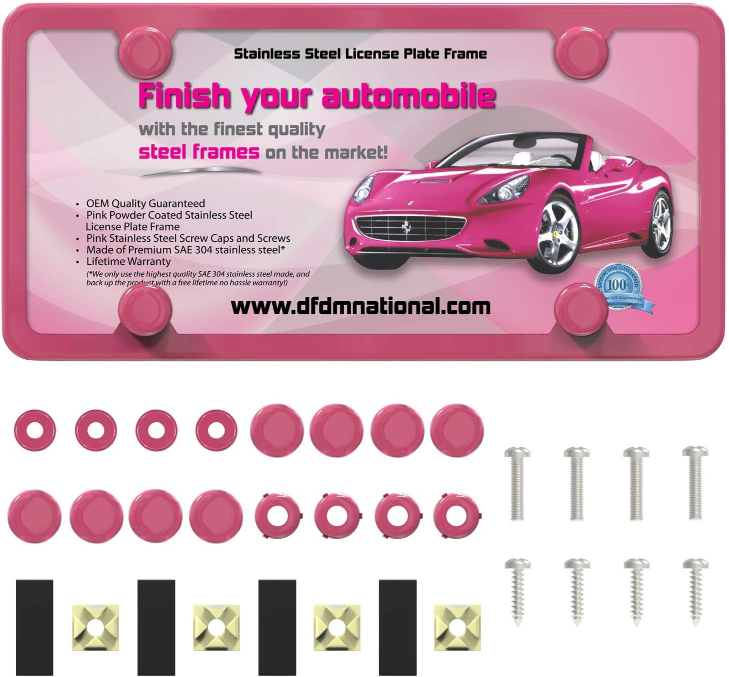 Stainless Steel License Plate Frame – Premium Pink Powder Coating Complete Kit, Includes Screws, Fasteners, Caps, and Foam Pads 4 Hole Bracket - Standard (Non Anti-Theft) Model - DFDM National