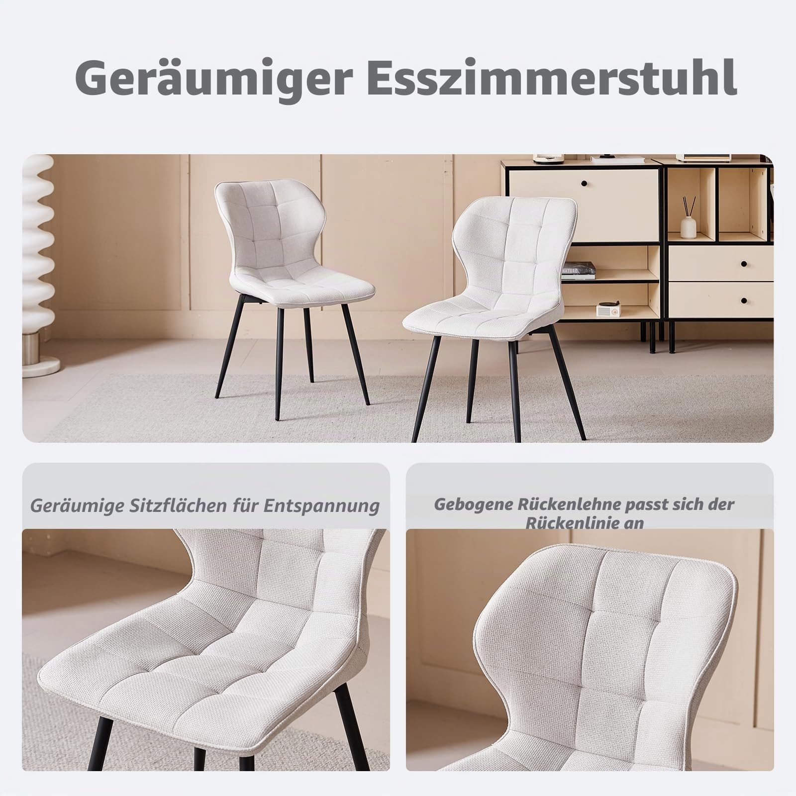 Modernes Esstisch-Set mit Stühlen, 100 cm Runder Esstisch in Heller Holzmaserung + 4 Beigefarbene Leinenstühle mit Metallbeinen