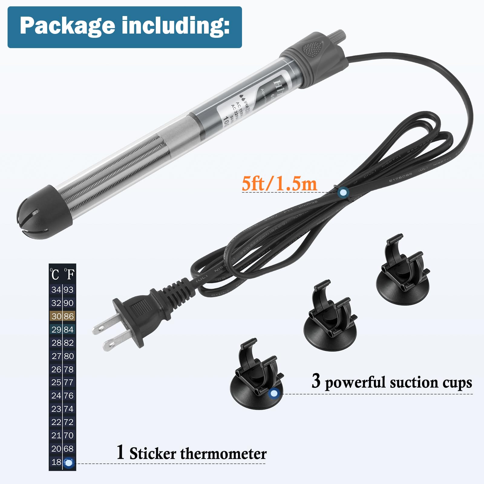 HITOP Chauffe-aquarium réglable 50 W 100 W 300 W avec thermomètre, 100W-grey
