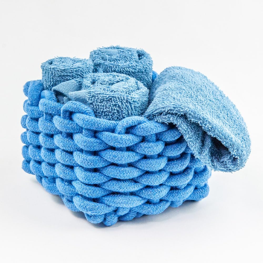 Generico Susanna Home Set 4 Lavette 30x30 in Spugna di Cotone – Asciugamani Ospiti per Bagno, Skincare, Neonato – Confezionate in Cestino in Corda Intrecciata – Blu