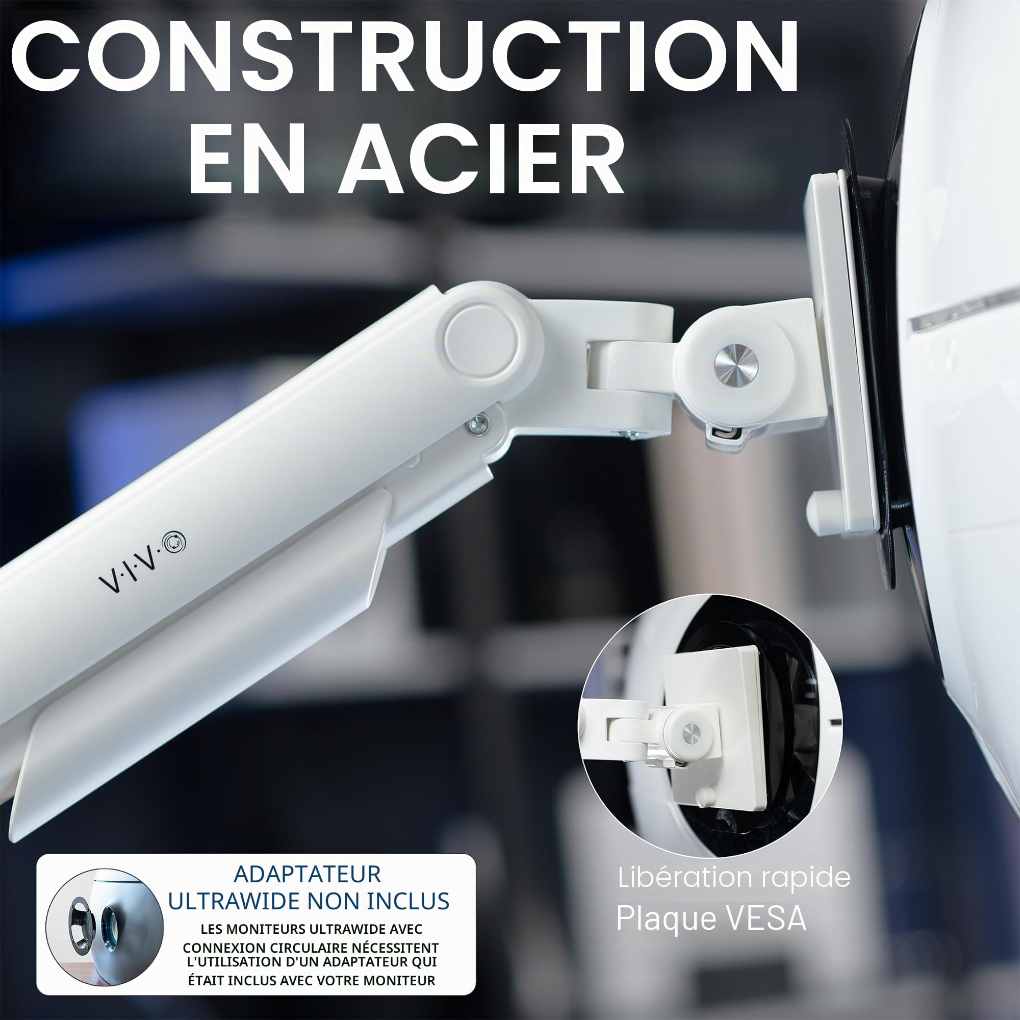 Vivo Support Écran PC Premium, Bras de Moniteur Articulé à Ressort Robuste pour Écrans jusqu'à 49 Pouces, Blanc, STAND-V101VW