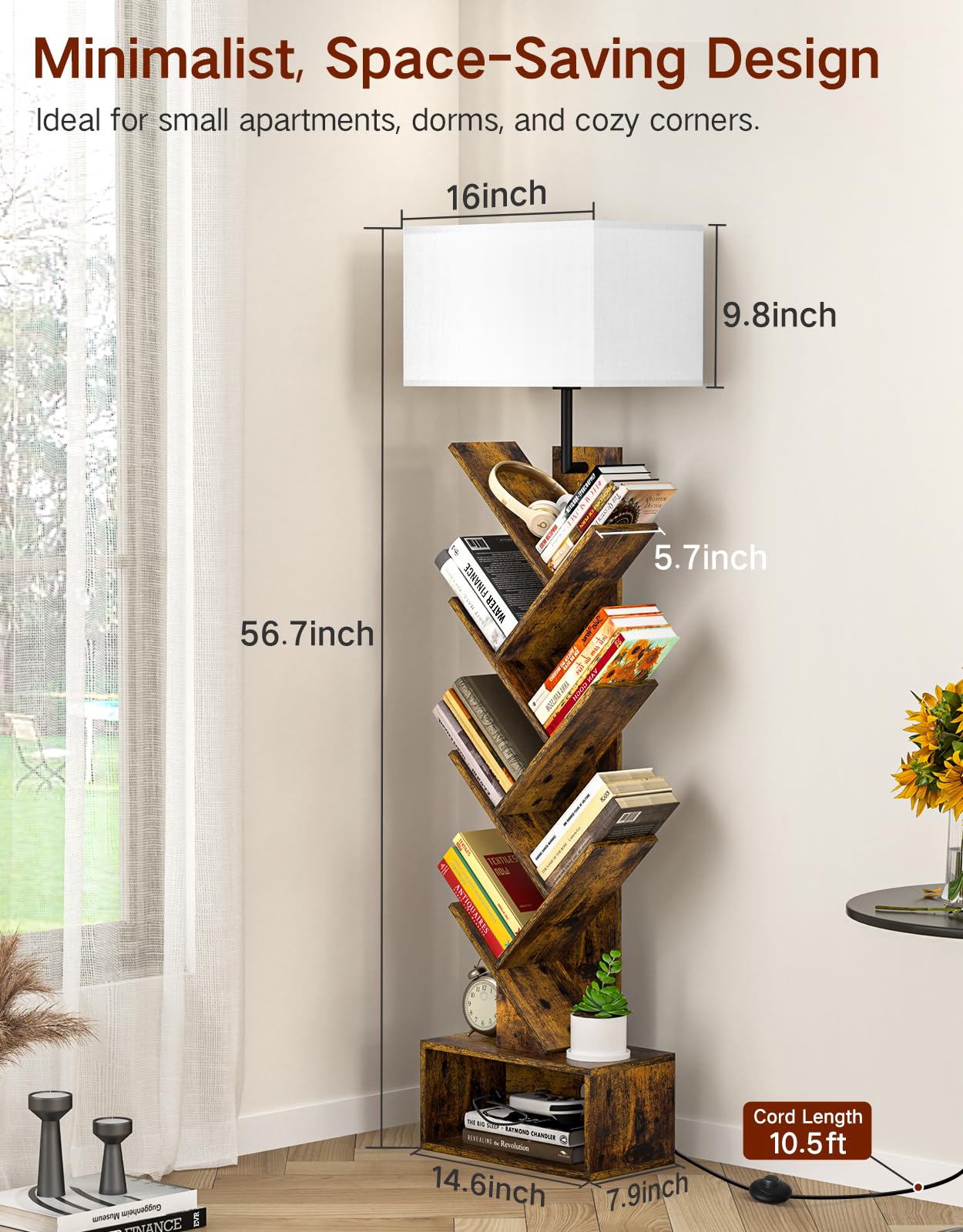 Pequeña Librería en Forma de Árbol con Luz, Estantería de 6 Niveles con Mando a Distancia y Temporizador, Estante Esquinero para Libros, CD, para Salón, Dormitorio, Oficina(Rustic Brown)