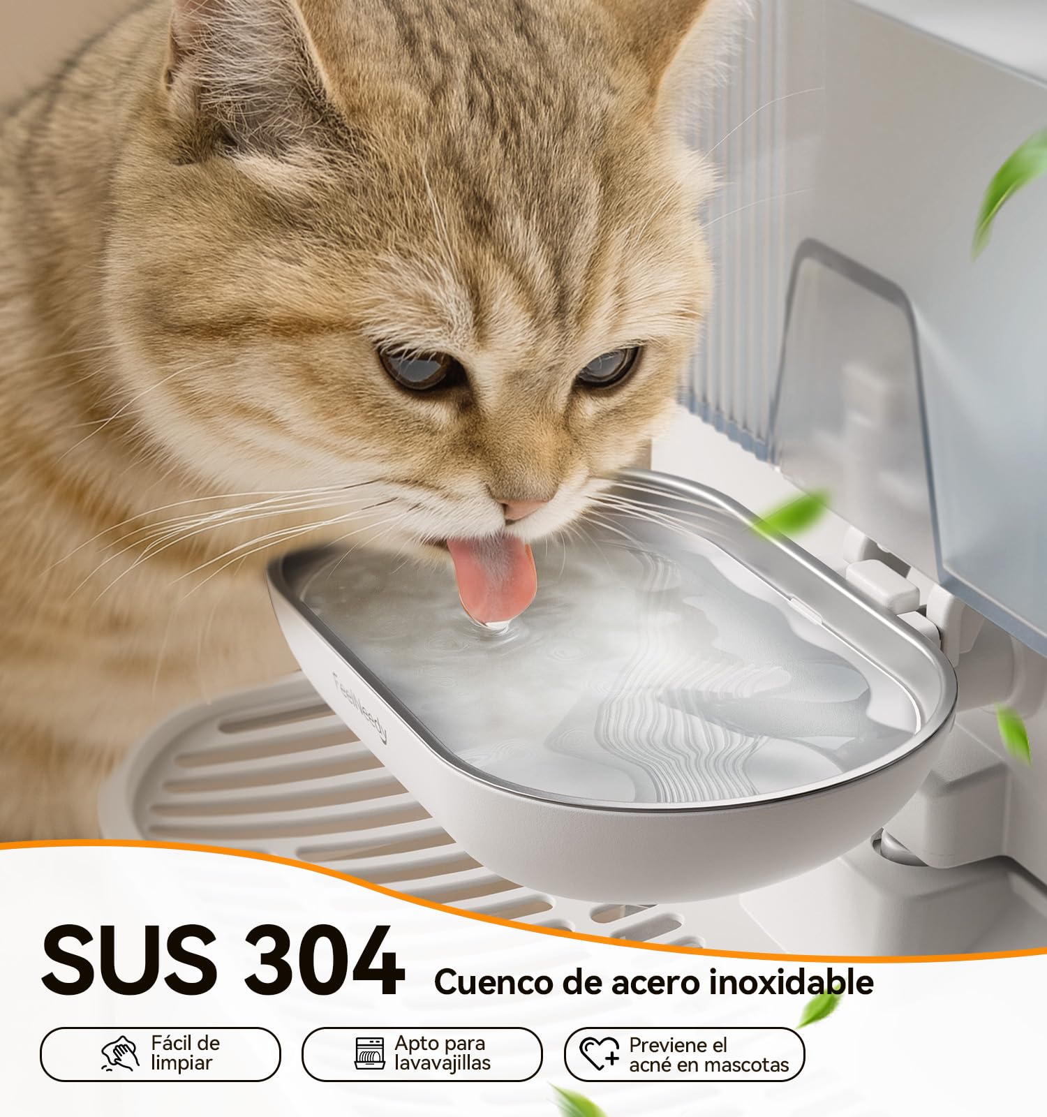 FEELNEEDY Fuente para Gatos Sin Filtro e Inalámbrica con Batería 2000mAh, Separa el Agua Limpia del Agua Usada, Cuenco de Acero Inoxidable, Bebedero Gatos Sin Cable 3,5L, Blanca