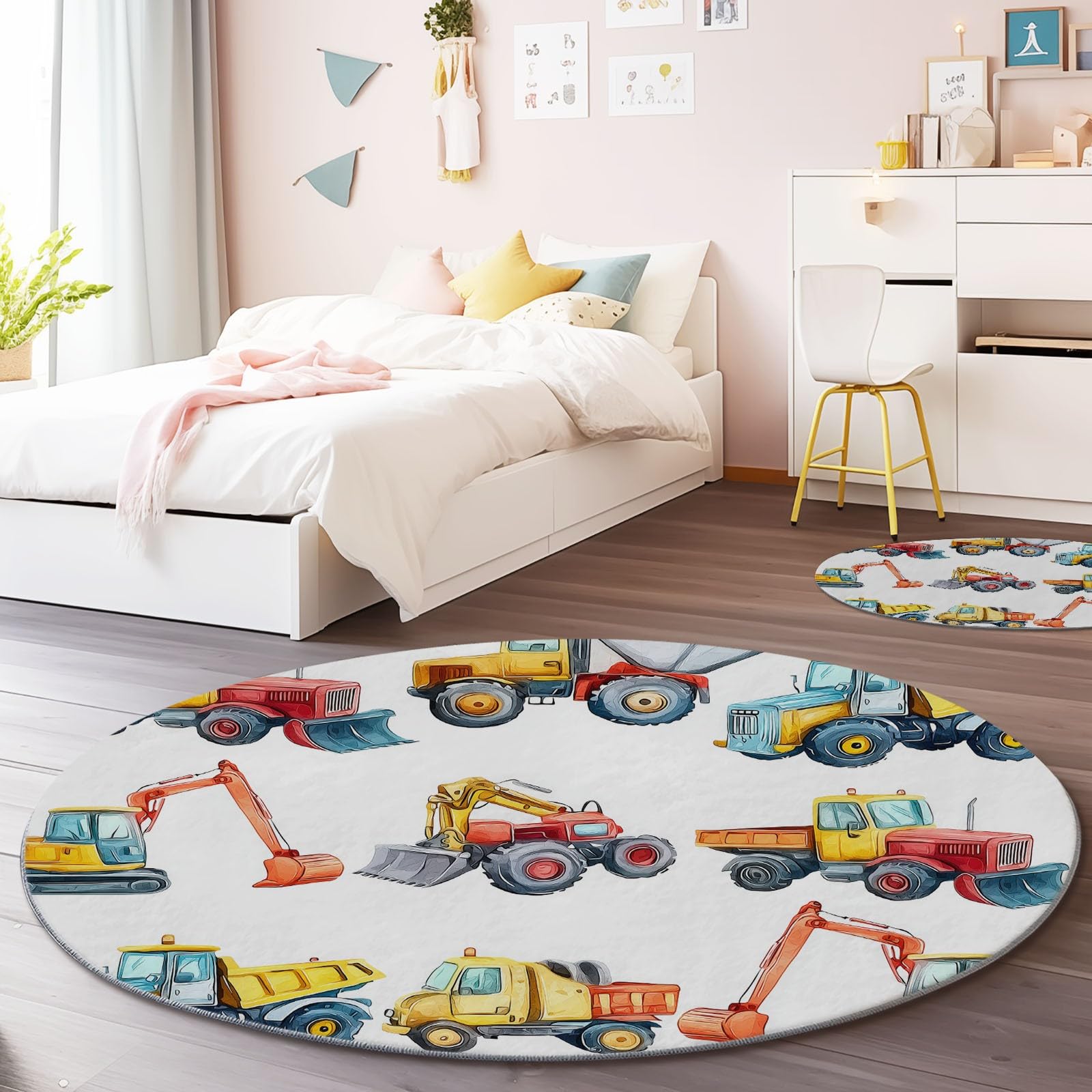 Generico Tappeto rotondo per soggiorno Modello Di Veicolo Da Costruzione, Stile Cartone Animato Tappeto morbido antiscivolo per sala da pranzo, camera da letto, cameretta bambini, 150 cm, Bianco