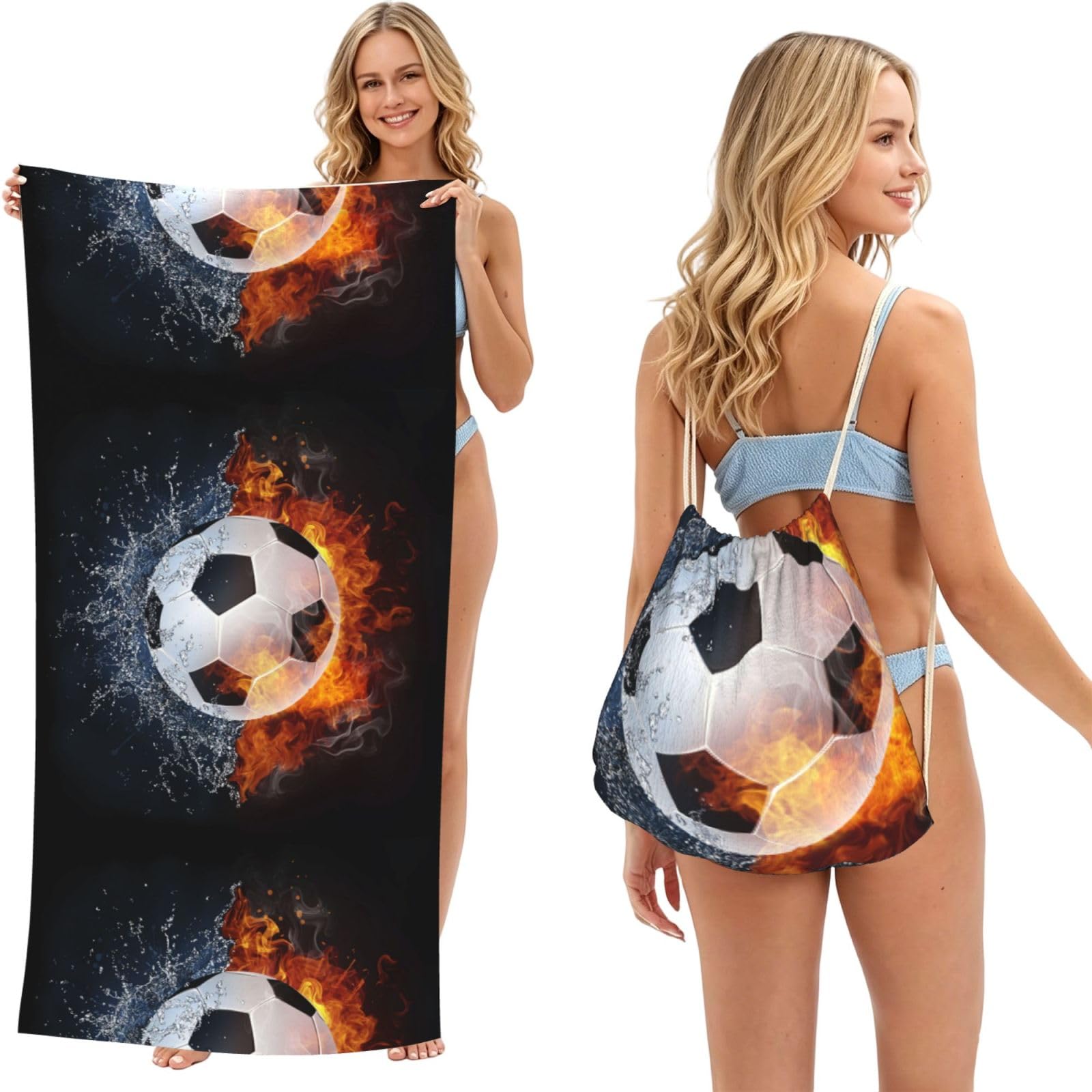 Poadnly As Picture Soccer Ball On Fire Water, 2 In 1 Packable Towel Bag, Beach Towels With Drawstring Backpack For Travel Holiday Camping