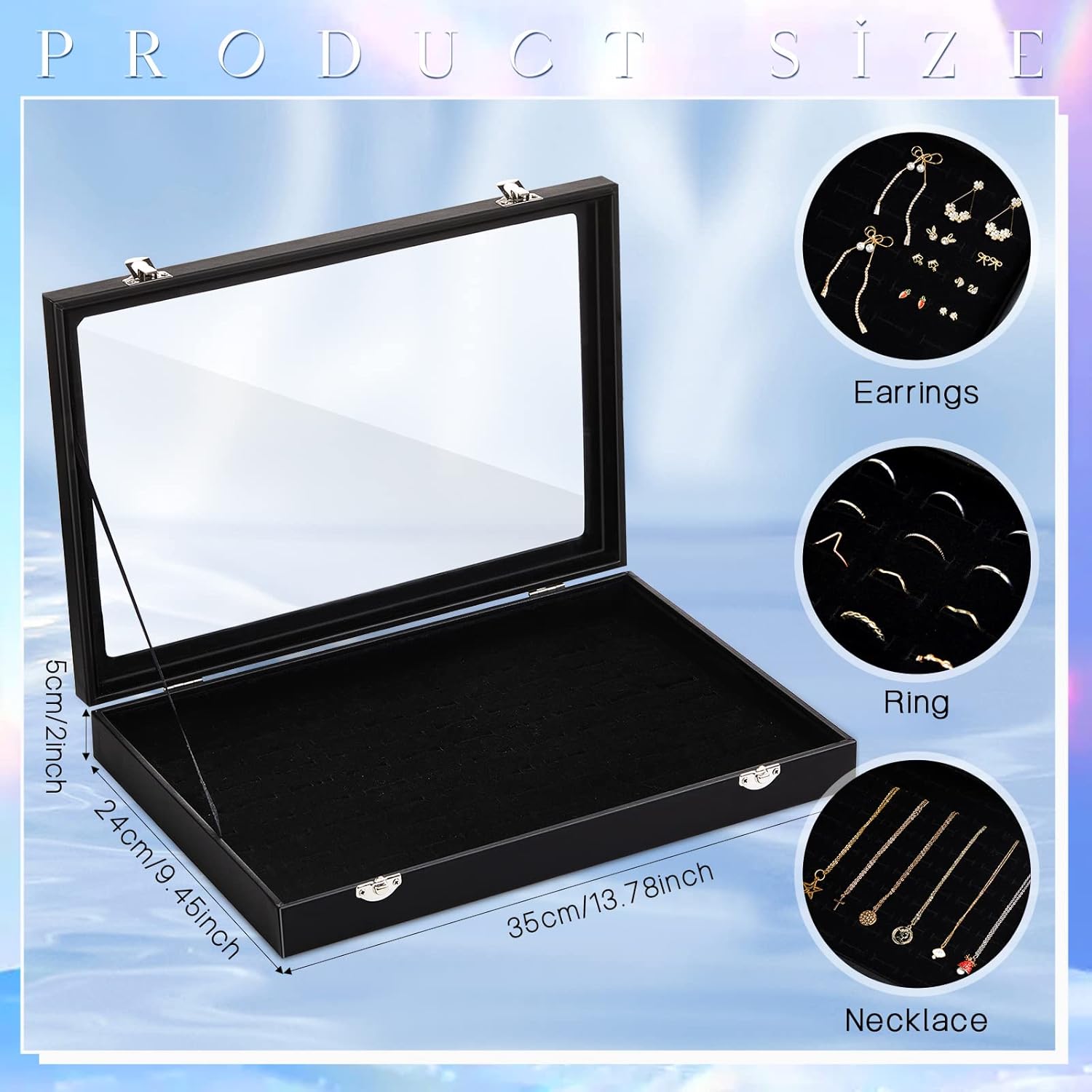 2個 100スロット リングオーガナイザーボックス 透明ガラス蓋付き ブラックリングケース ジュエリートレイ ベルベット リングボッ