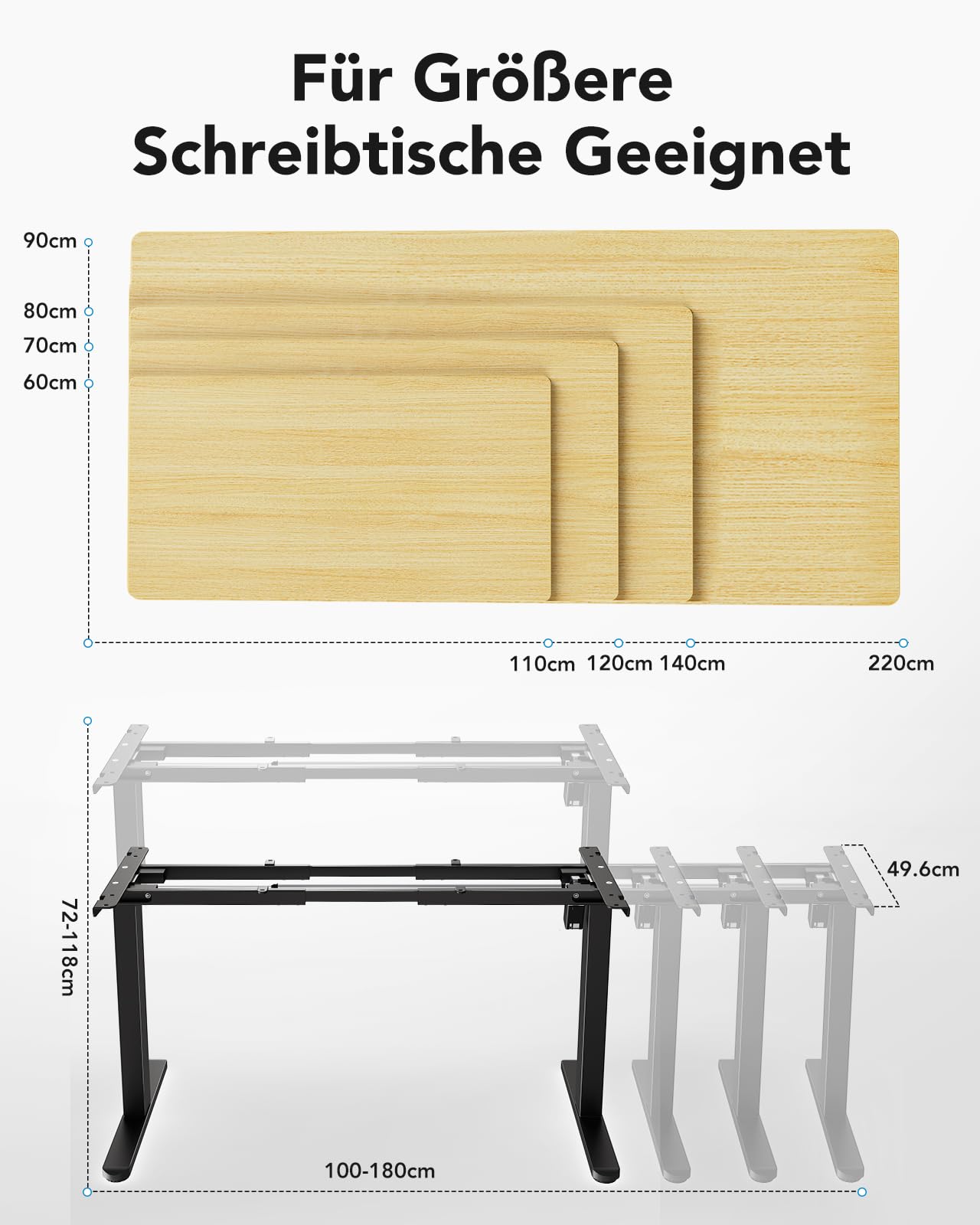 HUANUO Höhenverstellbarer Schreibtisch Gestell mit Bürstenlosem Motor,100 kg Tragfähigkeit Tischbeine Schreibtischgestell Höhenverstellbar für Tischplatten von 110x200cm,Nur Rahmen