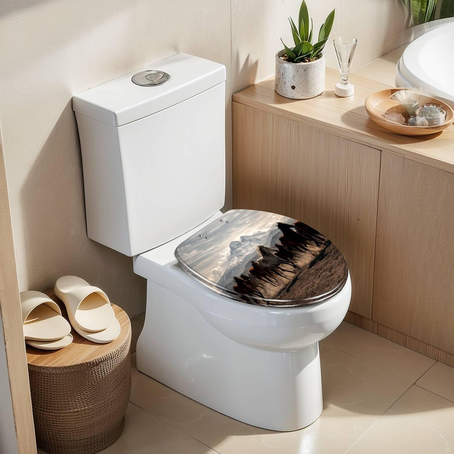 Elongated Toilet Seat Horses Running Resin Toilet Seat Slow Quiet Close with Quick-Release Hinges Toilet Seat with Cover Easy to Clean Install