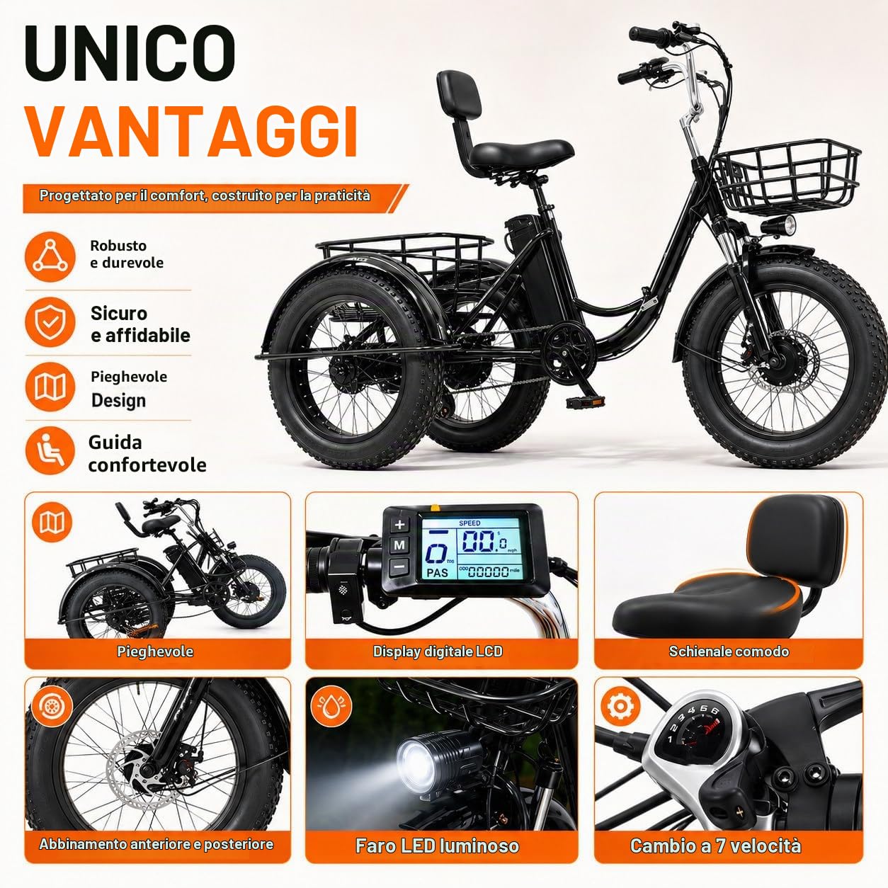 Triciclo Elettrico Pieghevole da 20" con Batteria Rimovibile da 48 V 13 Ah, Bici Elettrica Pieghevole a 7 velocità per Adulti, Autonomia 45 Km, Display LCD, per Shopping/Anziani