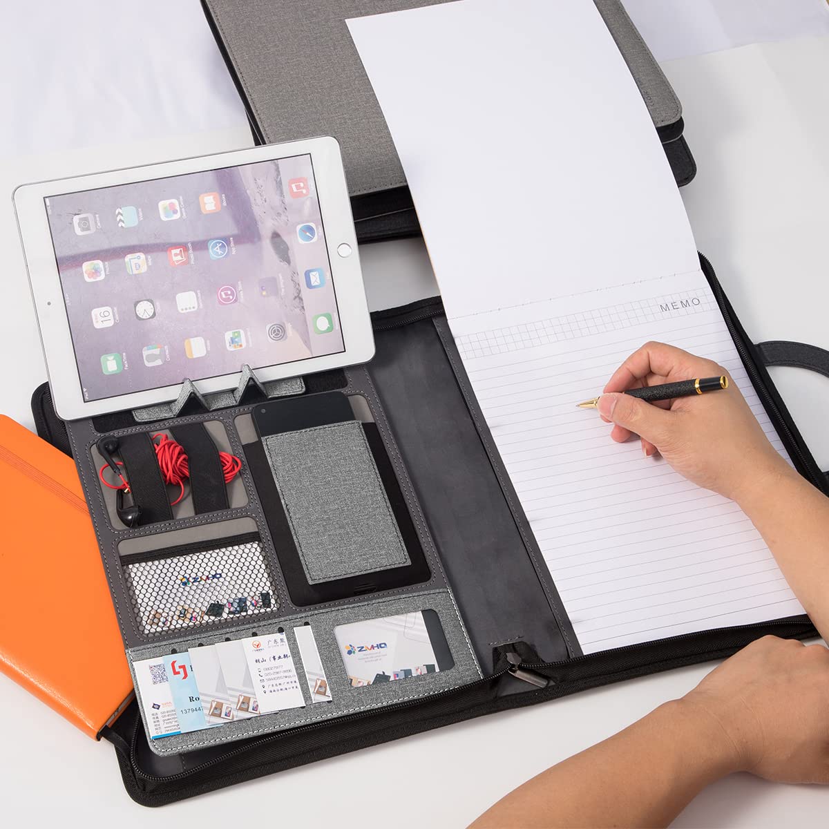Portafolio de cuero con [cremallera] [asa] [carpeta de 4 anillos] y [portapapeles), organizador de conferencias de negocios para mujeres/hombres (Gris claro, Without Calculator)