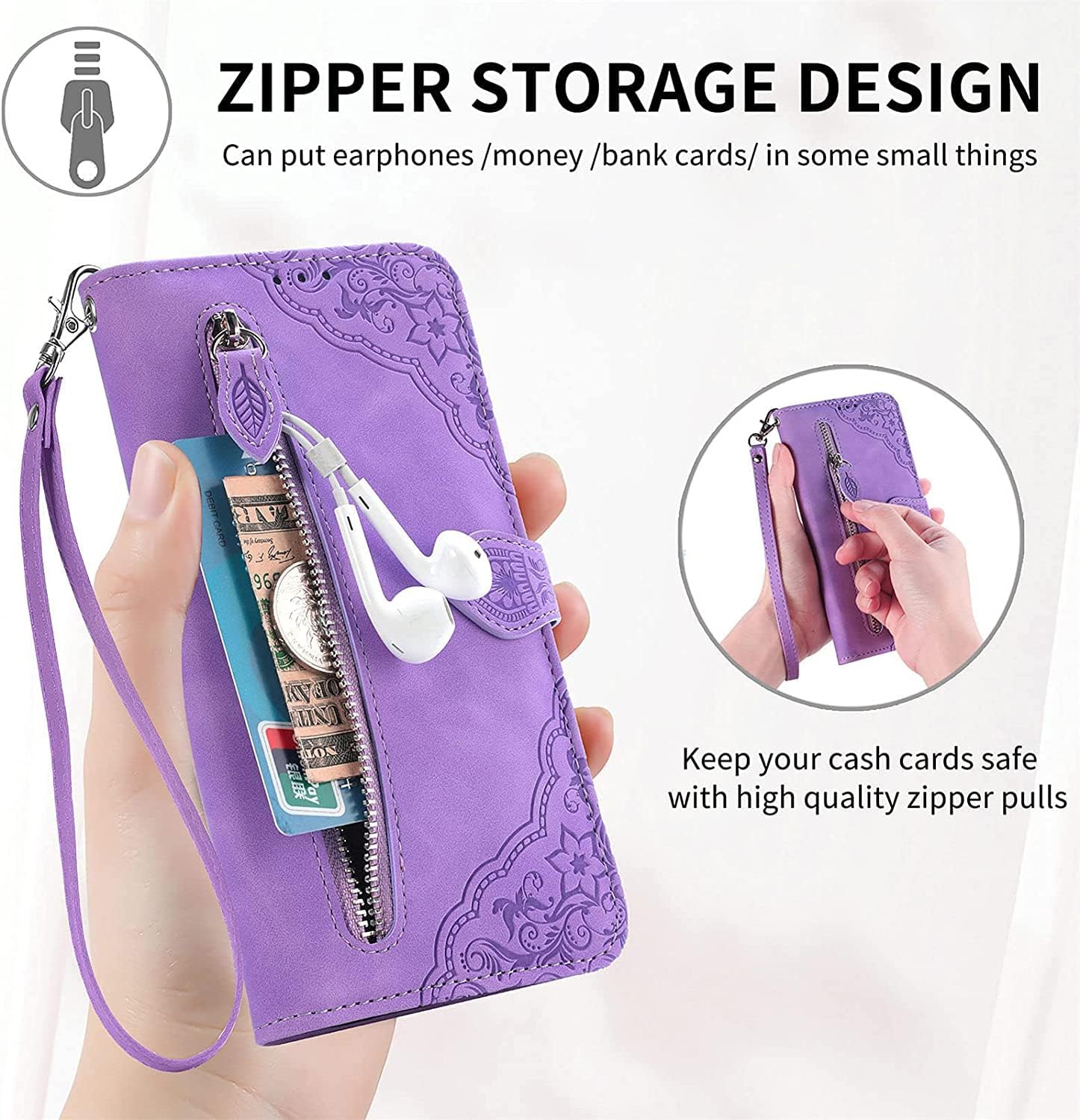 Wallet Case for iPhone 14/14 Plus/14 Pro/14 Pro Max, Leather Shockproof Phone Case, Resistant Drop Phone Case with Card Holder Wrist Strap (Color : Purple, Size : 14 Pro 6.1'')