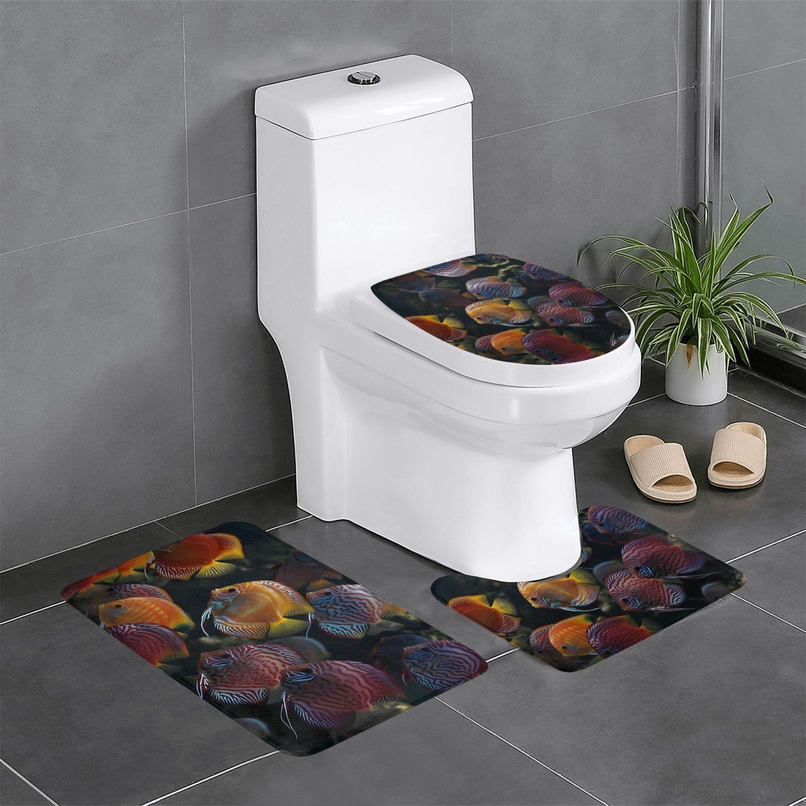 Tapis de salle de bain antidérapants motif poissons pour WC et coiffeuse