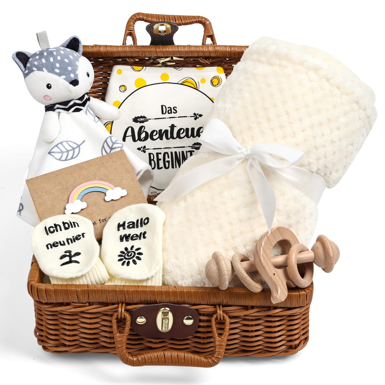 Neugeborenen Geschenk, 7-in-1Baby Geschenkset für Jungen Mädchen: Baby Decke,Schmusetuch, Holzrassel mit Elefant, Lätzchen,Socken in Geschenkbox|Baby Geburt Geschenk, Babyparty Idee-Beige