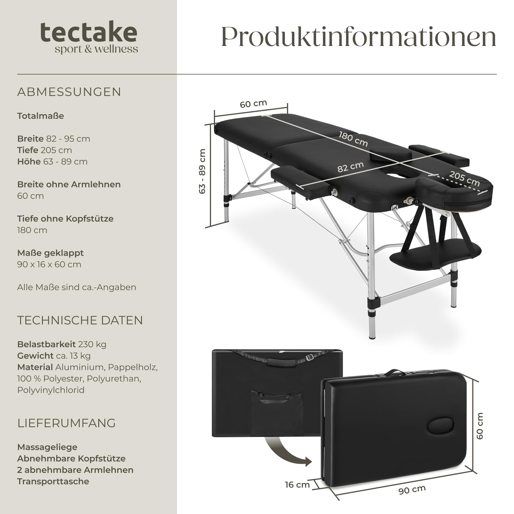 tectake Massageliege 2 Zonen, Massagetisch, Massageliege klappbar, höhenverstellbare Aluminium Massageliege, Portable Massagebank inkl. Zubehör, Alu-Kopfstütze, Armlehne und Tragetasche - schwarz
