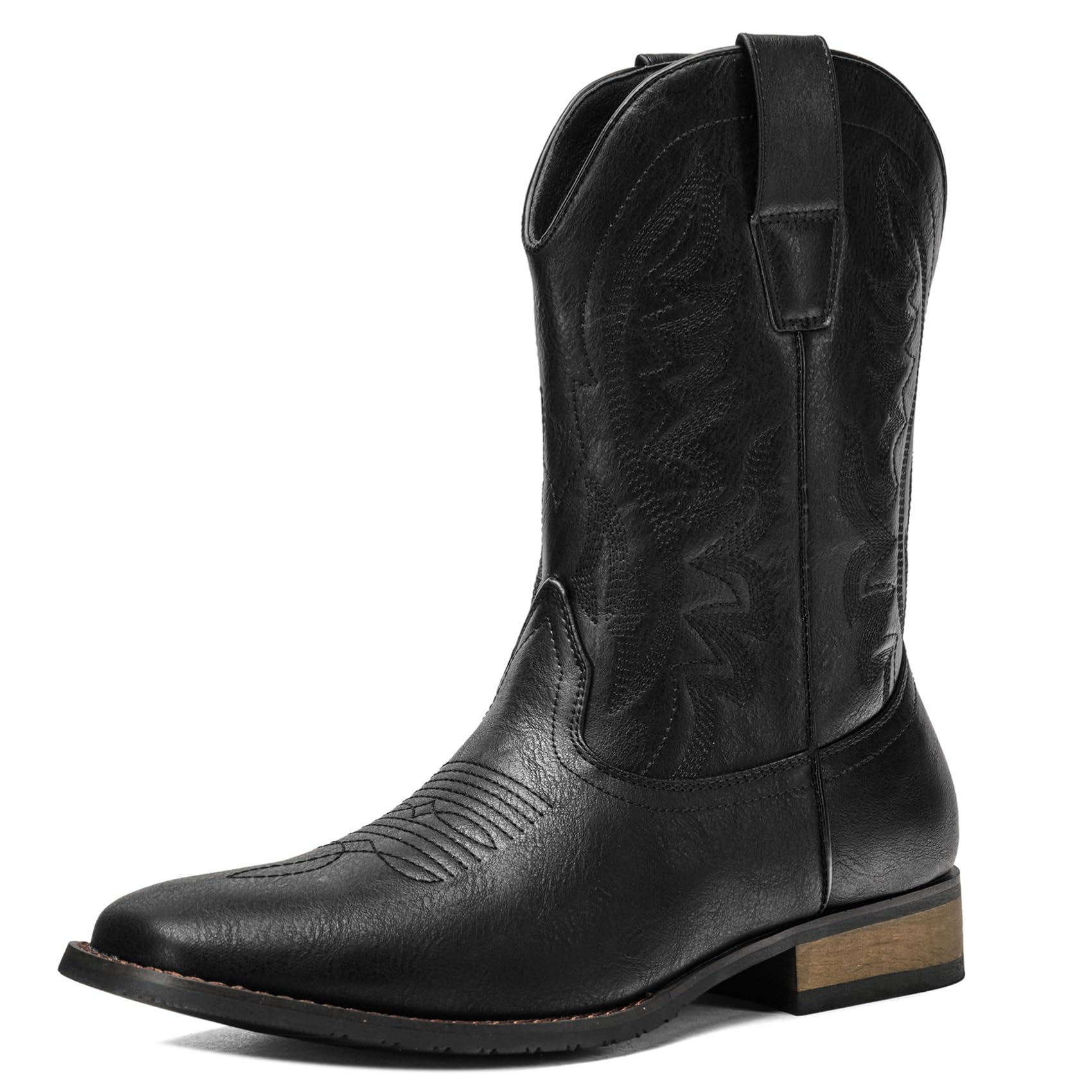 Kitulandy Cowboy Boots For Men Western Fashionable Retro Stylish Embroidered Square Toe Boots Chunky Heel