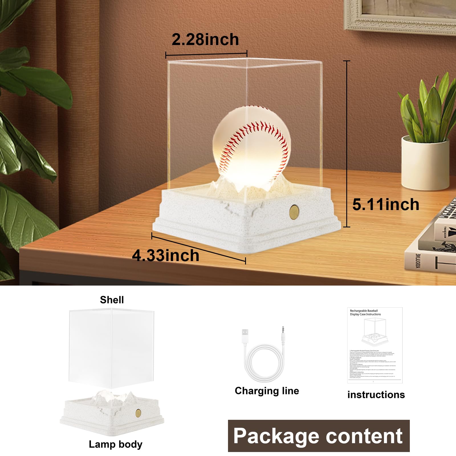 Baseball Display Case with LED Light, Rechargeable 3-Color Dimmable Lighting (3000K-6000K) with UV Protection & Weighted Concrete Base, Memorabilia Stand for Softball, Tennis, Golf