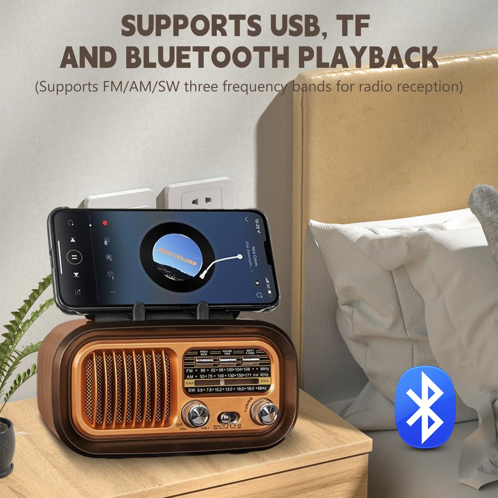 Retro Radio mit Bluetooth, AM/FM/SW Retro Radio Klein Solar Tragbarer Bluetooth Lautsprecher mit 1200mAh Akku, Unterstützt USB/TF, Vintage Radios für Zuhause, Büro, Outdoor