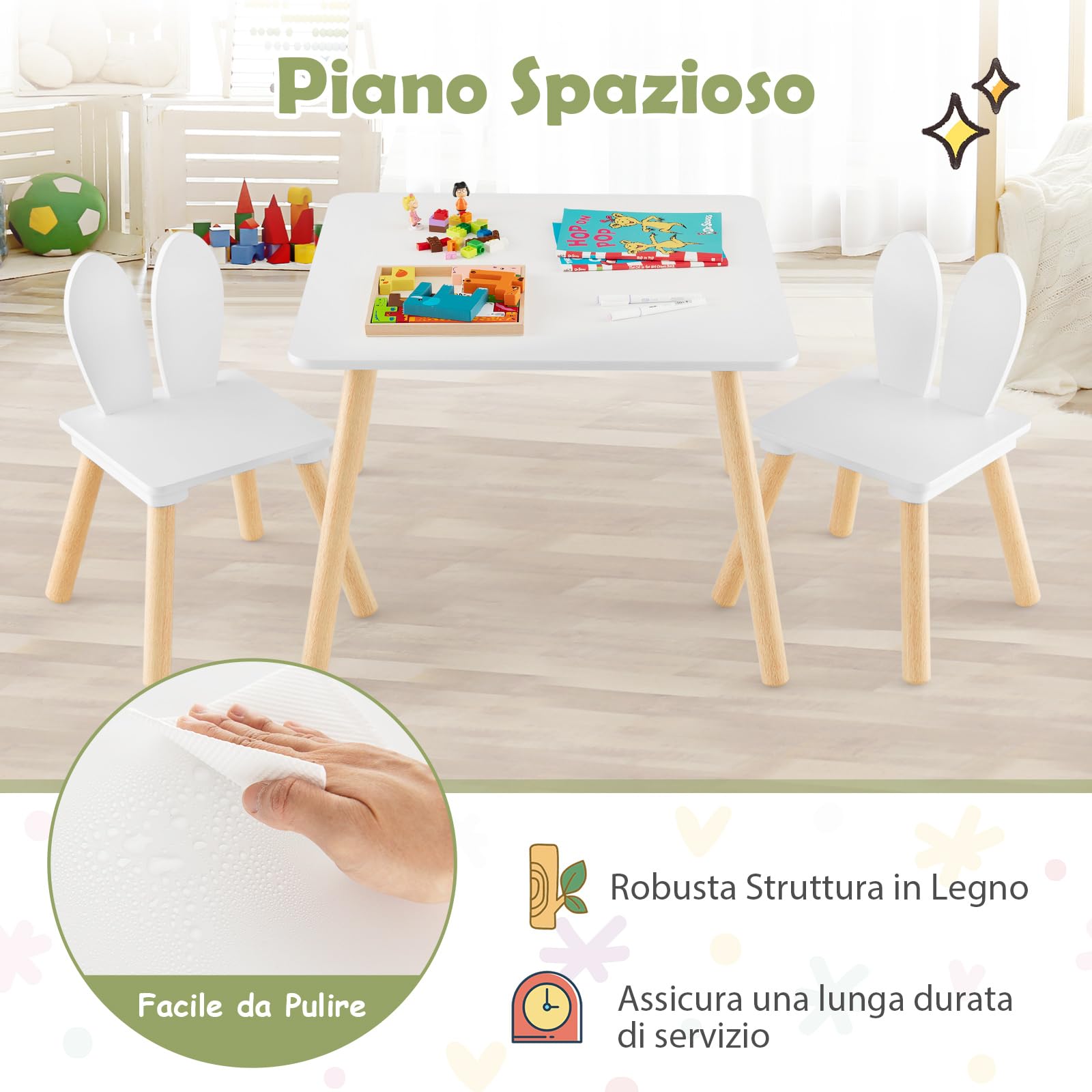 COSTWAY Set Tavolo e 2 Sedie per Bambini 3-6 Anni, Sedie Ergonomiche in Legno con Schienali a Forma di Orecchie di Coniglio, Portata 40kg, Salvaspazio, Ideale per Gioco e Disegno (Bianco)