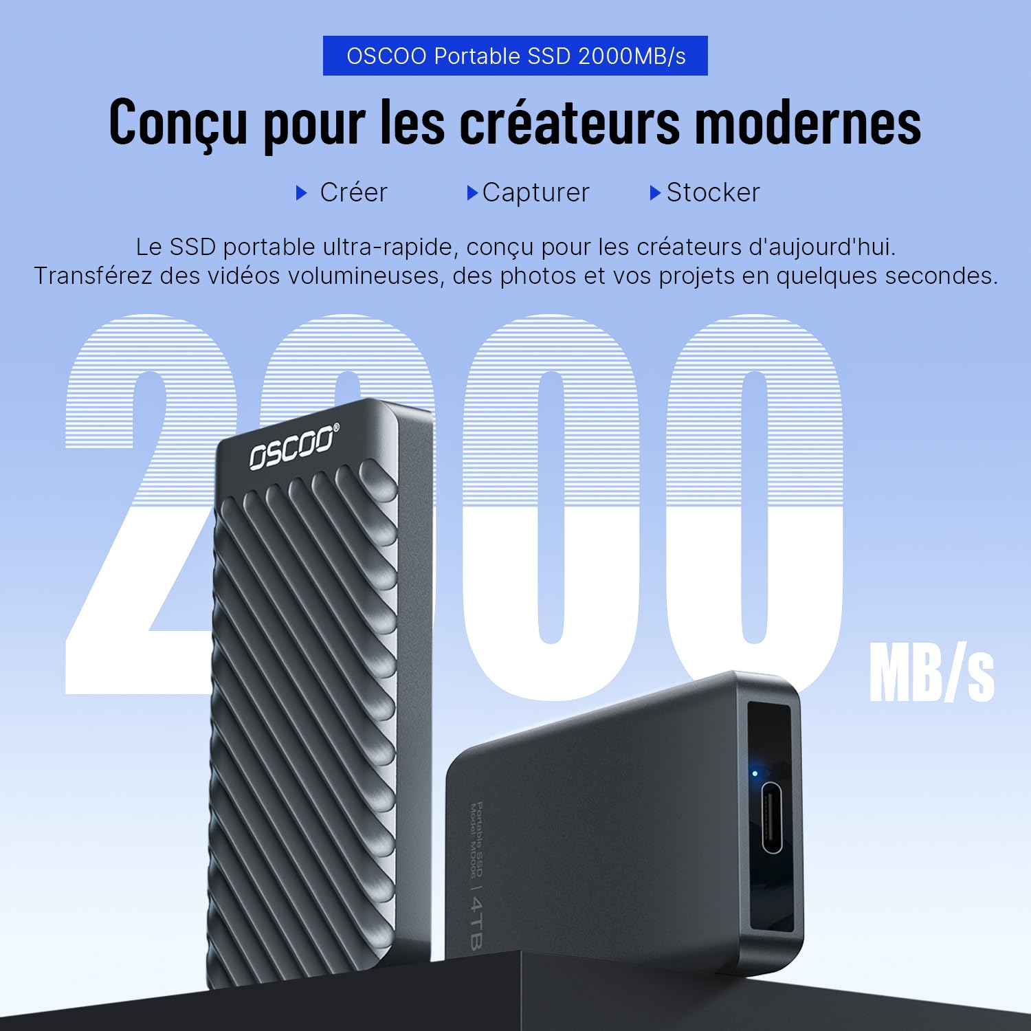512Go Portable SSD, Disque SSD Externe USB 3.2 Génération 2x2 Disque Dur SSD Externe Jusqu’à 2000 Mo/s clé USB Double USB-A&C Mémoire Externe SSD Compatible Android