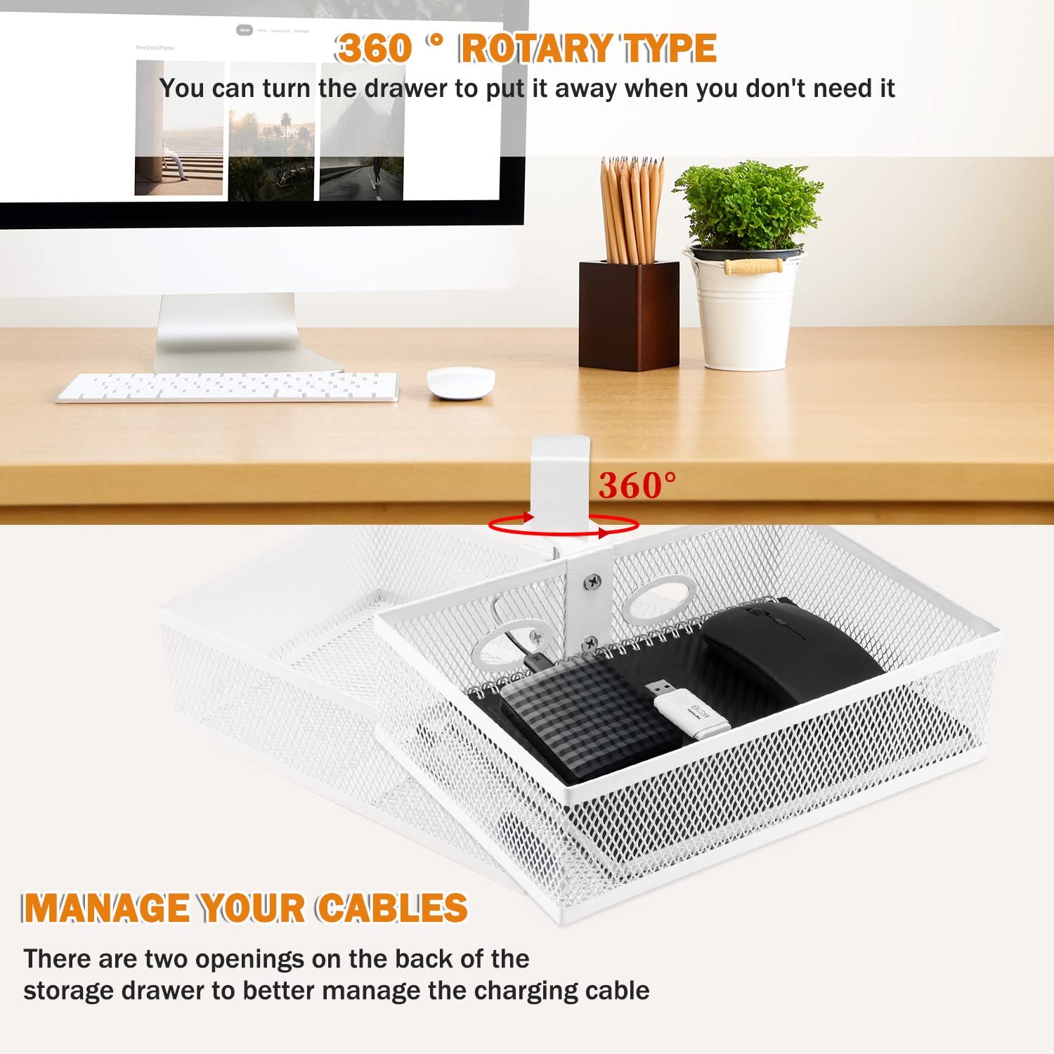 360 graden rotatie: lade onder bureau, organizer, lade, bureau, laden