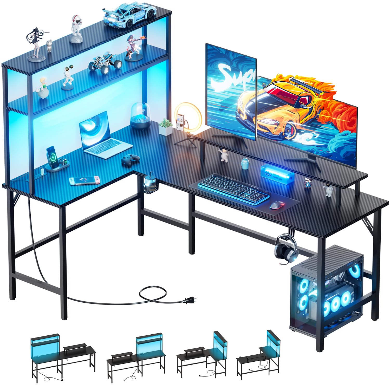 HLDIRECTL Shaped Gaming Desk with LED Light & Power Outlet- 59 Inch Reversible Computer Desk with Shelves and Monitor Stand, Ergonomic Carbon Fiber Corner Desk with Cup Holder & 2 Heaphone Hooks