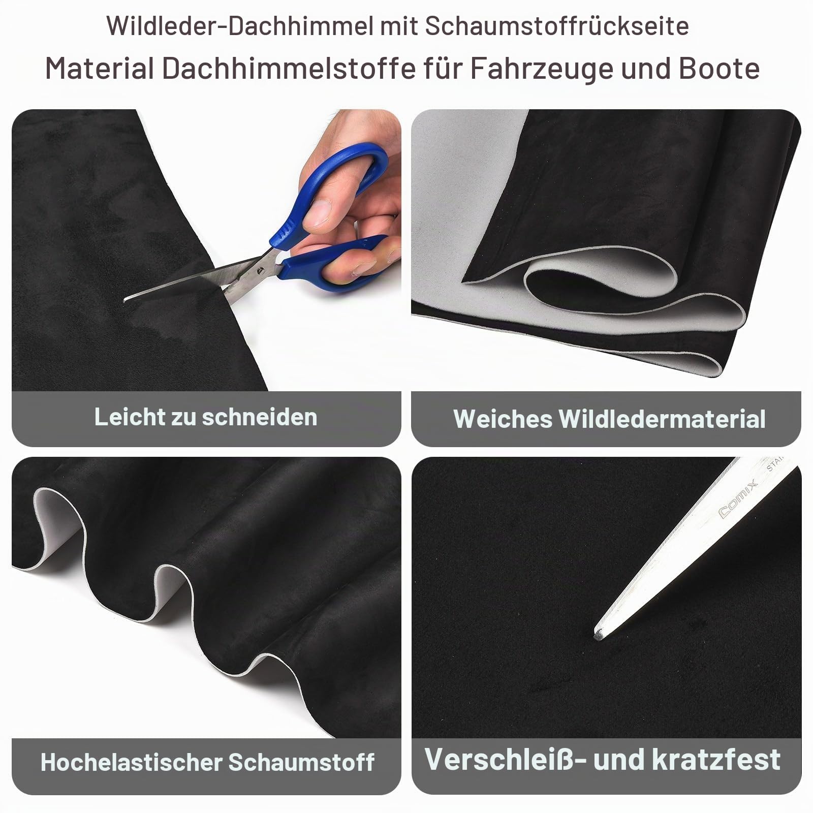 Blueshyhall Auto Dachhimmel Stoff Kunst Wildleder mit Schaumstoff, 250 x 150 cm Himmelstoff, 380 g/m² Headliner Verkleidungen Reparatur Stoff für Autos, Wohnmobilen, Booten und Möbeln DIY (Schwarz)