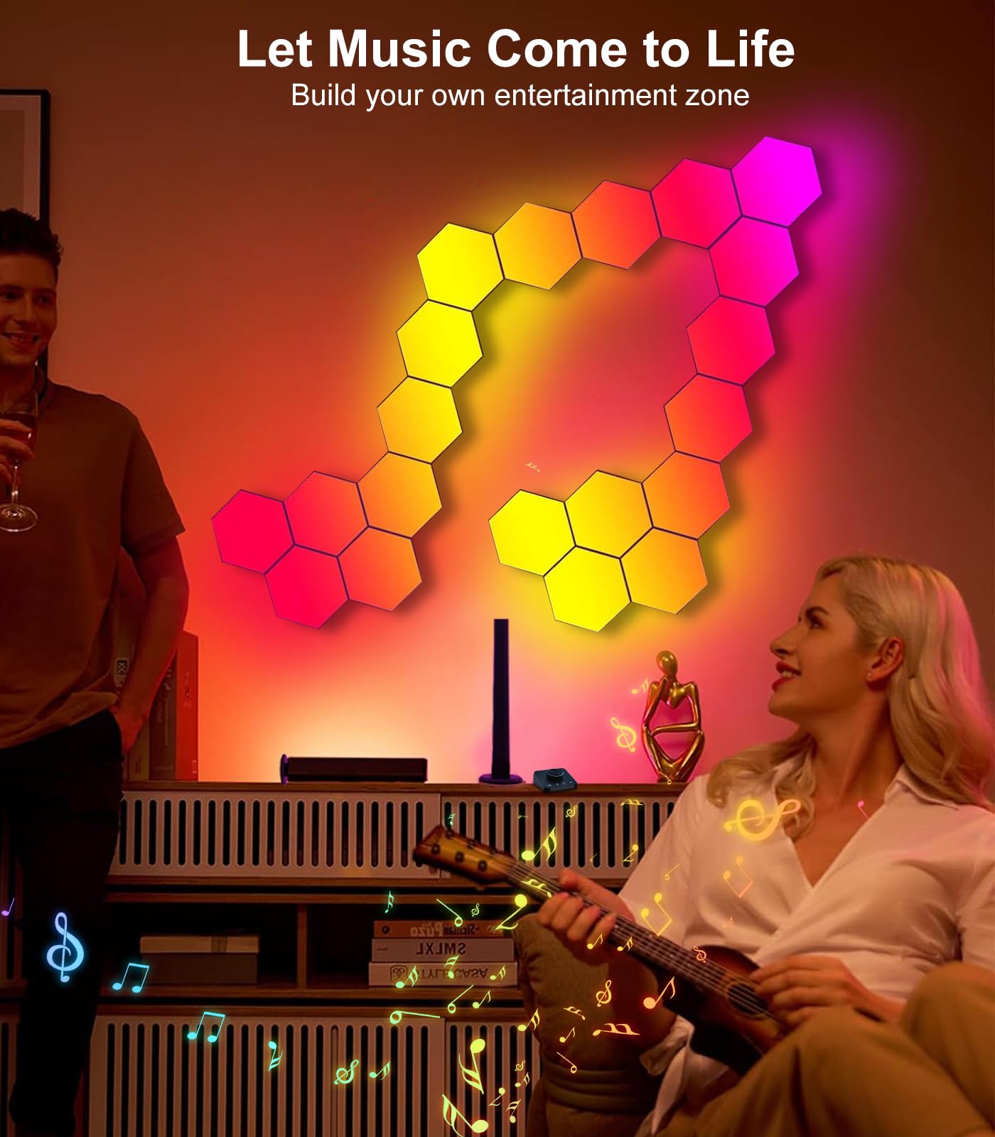 Hexagon LED Panel für Gaming Setup, 14 Smart Home Gaming LED Sechseck Wandleuchte Funktioniert mit Alexa Google Assistant, Gaming Wandpaneele Sprach- App-Steuerung Musik Sync für Zimmer Deko Geschenk