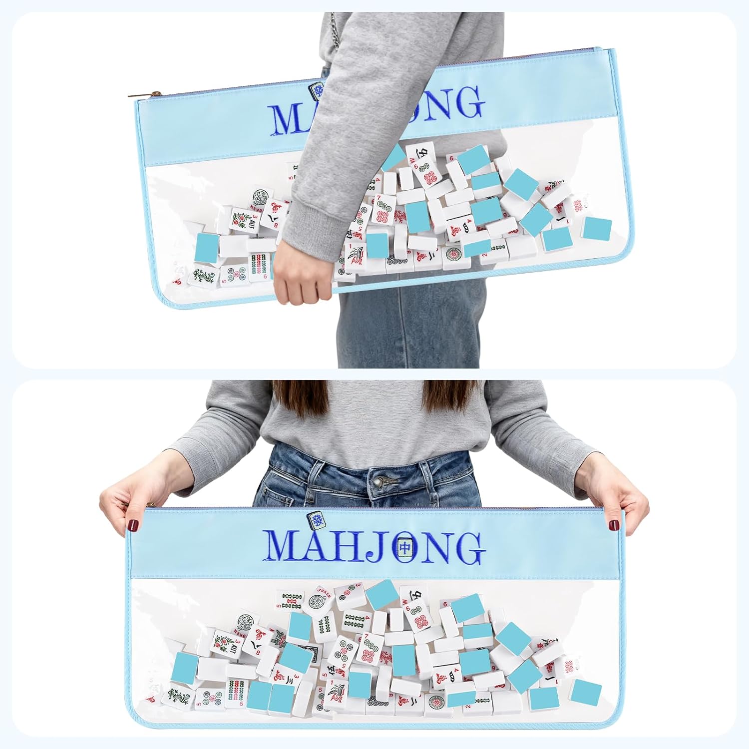 ALANGDUO Mahjong Tile Bag, Empty Mahjong Bags for Tiles and Racks, Large Capacity Storage for American Mahjong Tiles with Metal Zipper and Letters (Blue)