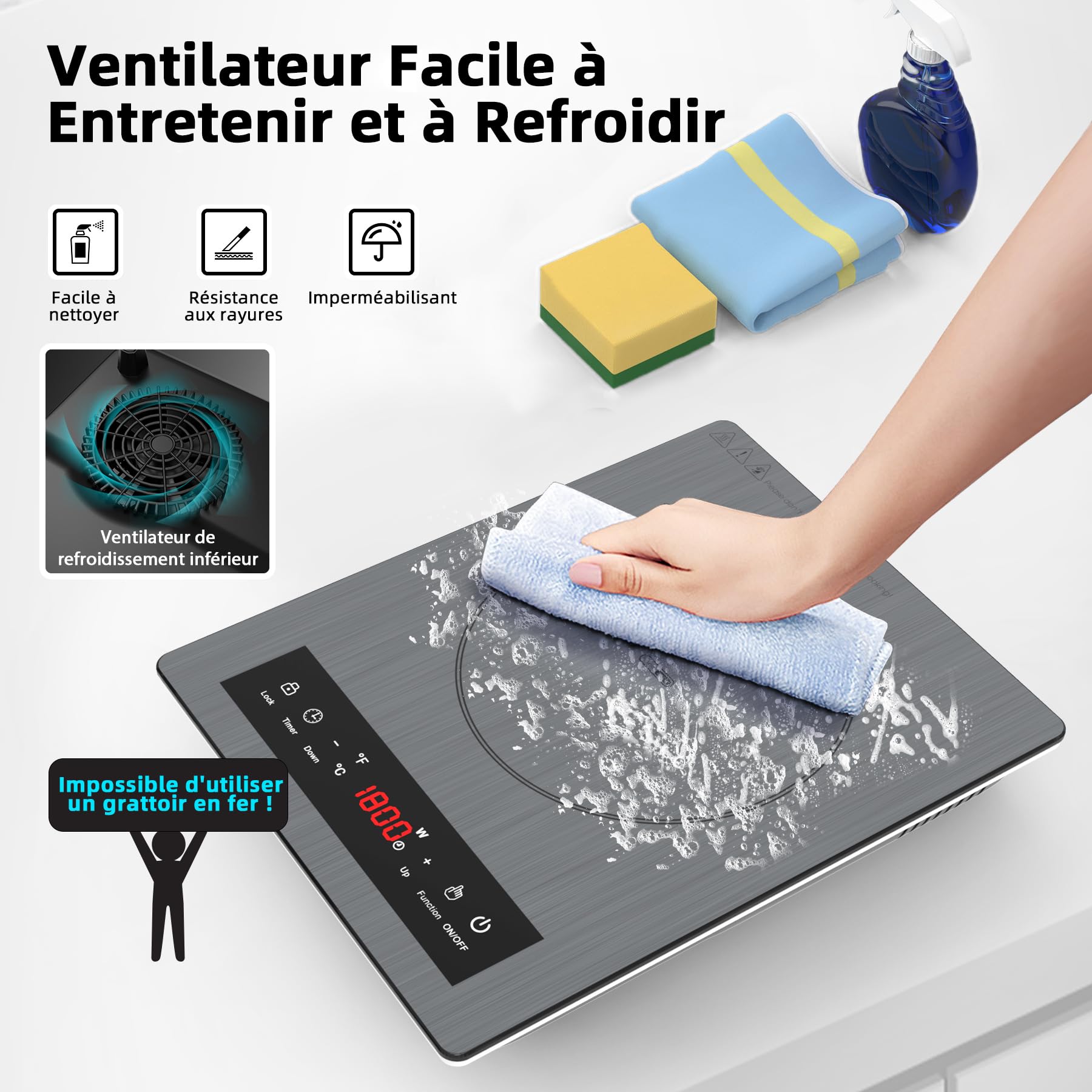 VBGK Tables de Cuisson, 1800W Plaque de Cuisson Electrique, plaque Induction Portable avec Contrôle Tactile, 10 Niveaux de Température, Verrouillage de Sécurité, Minuterie, Plaque à Induction Portable