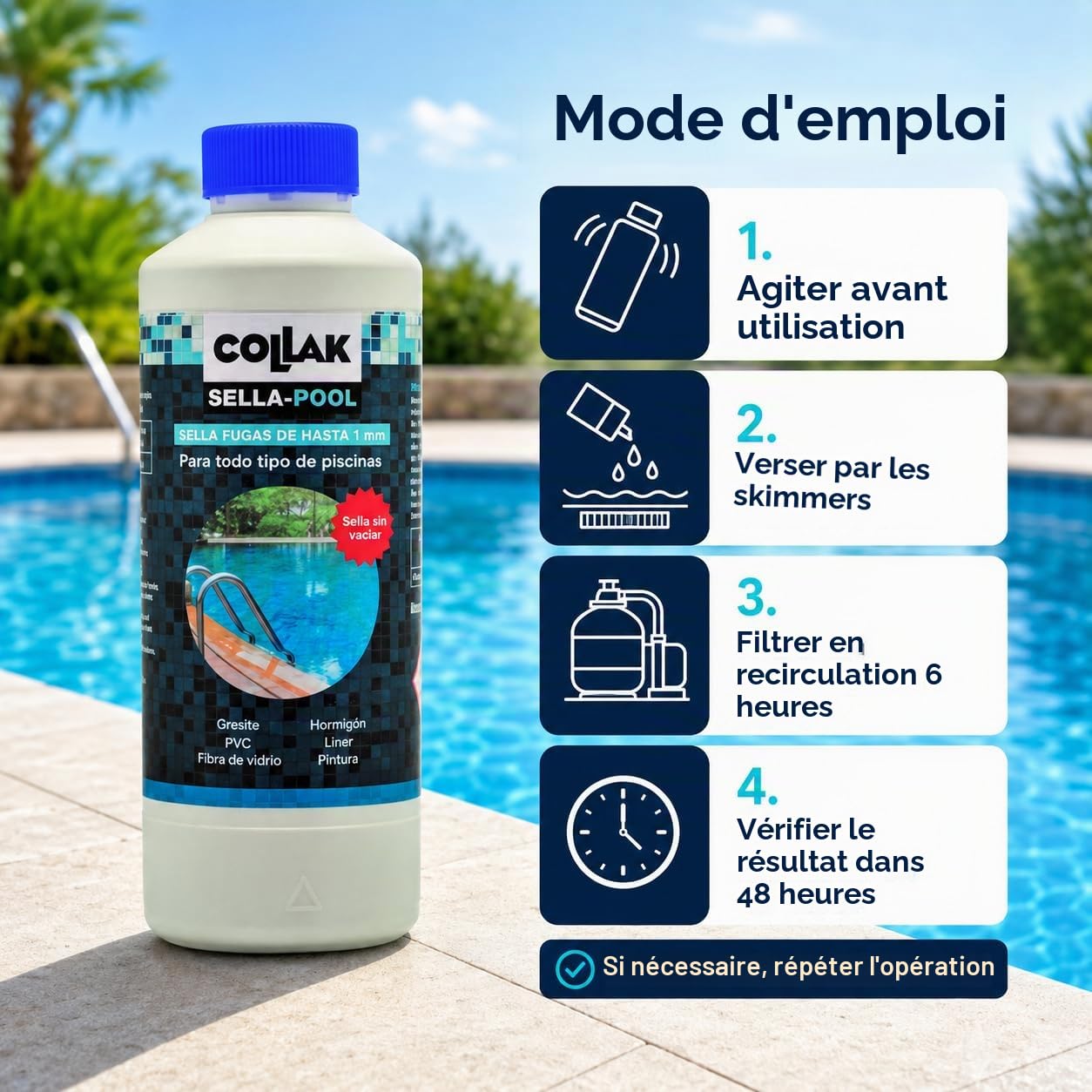Collak - Scellant de Fuites pour Piscines Scella-Pool 1L – Répare les Fissures sans Vidanger – Compatible avec Liner, Béton, PVC, Fibre, SPA, Réservoirs et Tuyaux – Usage Professionnel et Domestique